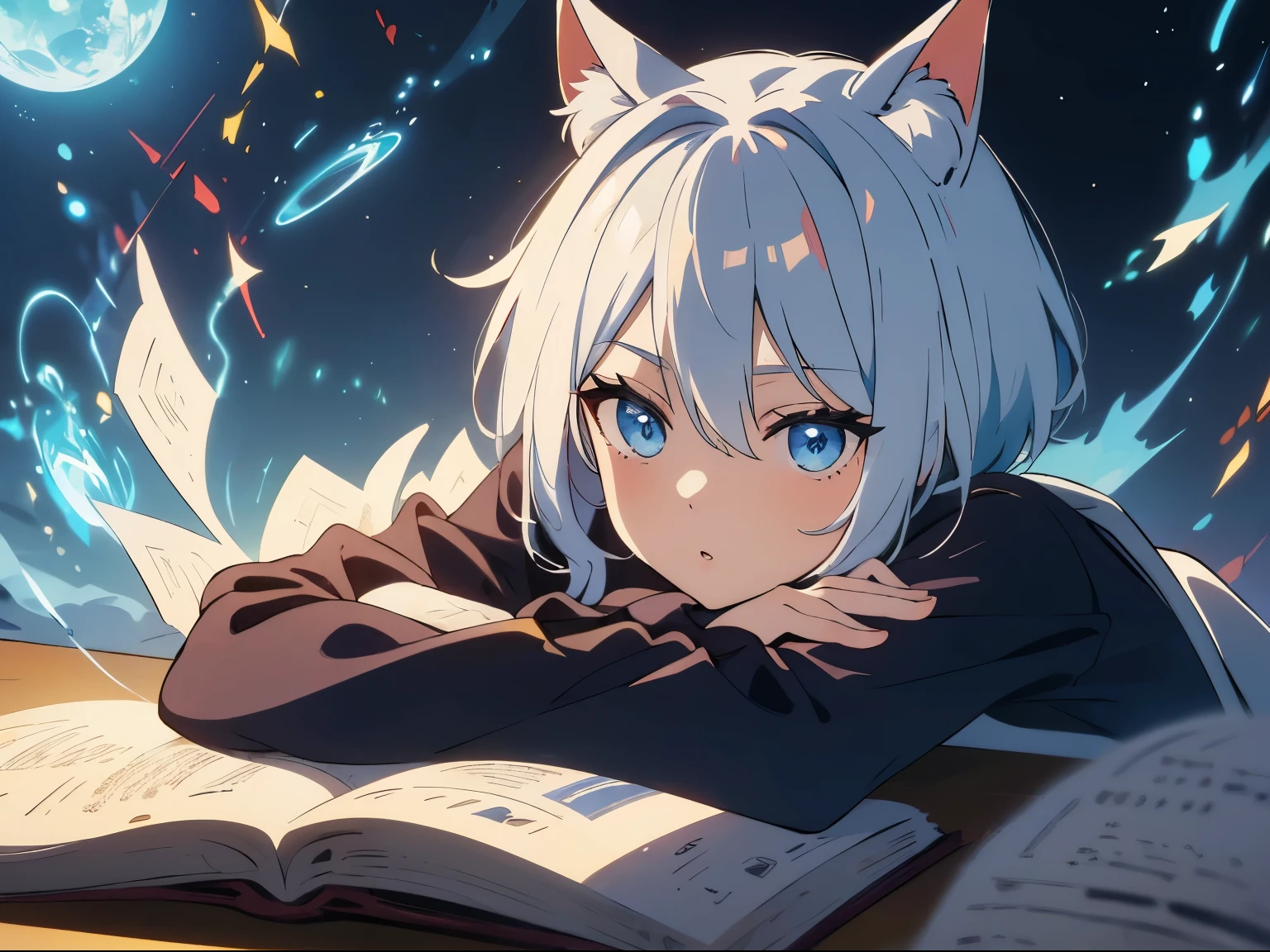masterpiece, A world where magic and technology coexist, cat ears boy(gray hair, short hair) ,boyish,Hone your skills、Let me'Go on a journey to uncover the secrets of power.., beautiful eyes、depicted in detail,bed,Lie