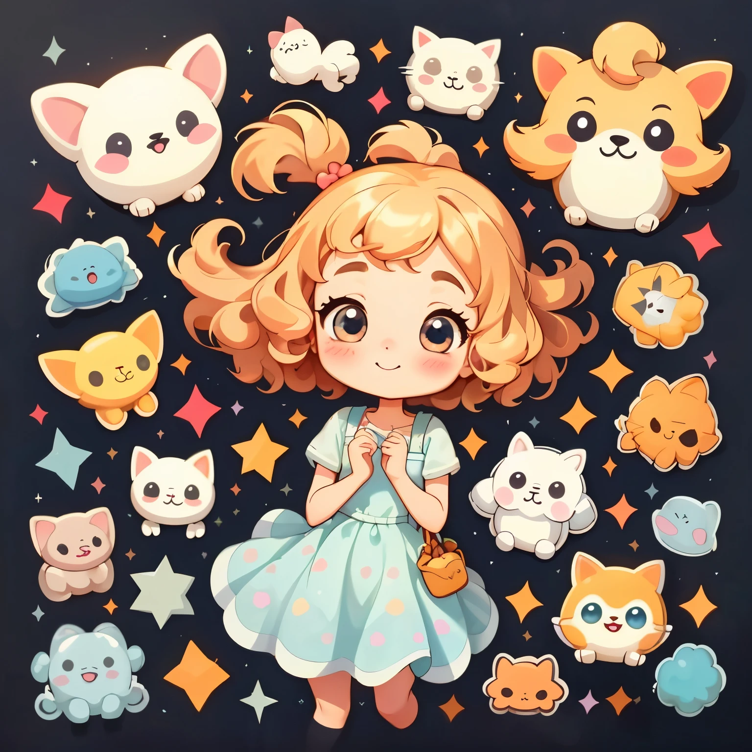 A concise description of a cute cartoon girl:
A cute cartoon girl with a compact build and a small, pretty face. Her hair, neatly styled in bouncy curls, is the color of sunshine. She wears a simple yet adorable dress, the hem of which barely skims the ground. Her big, innocent eyes sparkle with mischief, and her smile is contagious. She holds a toy in her hand, looking up at it with a thoughtful expression.