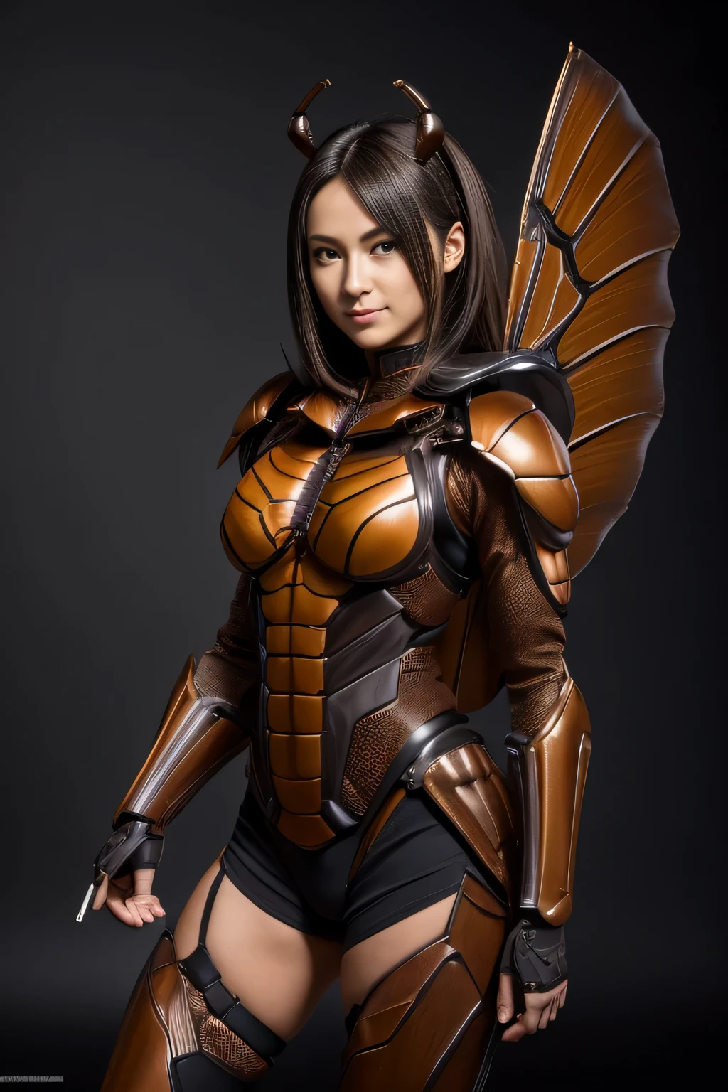 (High resolution,masterpiece,highest quality,Very detailed CG, anime, official art:1.4), realistic, photograph, amazing detail, everything is complicated, shiny and glossy,Amazing number of layers, 8K wallpaper, 3D, sketch, cute, figure,( alone:1.4), perfect female proportions,villain's daughter, (Fusion of dark brown cockroach and lady:1.4), (brown cockroach woman:1.2), (brown cockroach woman:1.2), (Fusion:1.2), (alone:1.4), (evil smile:1.2), muscular, abs, (Cockroach brown exoskeleton bio insect suit:1.4), (Cockroach brown exoskeleton bio insect armor:1.2), (brown transparent cockroach feathers:1.4), (Antennae of brown cockroaches:1.3),