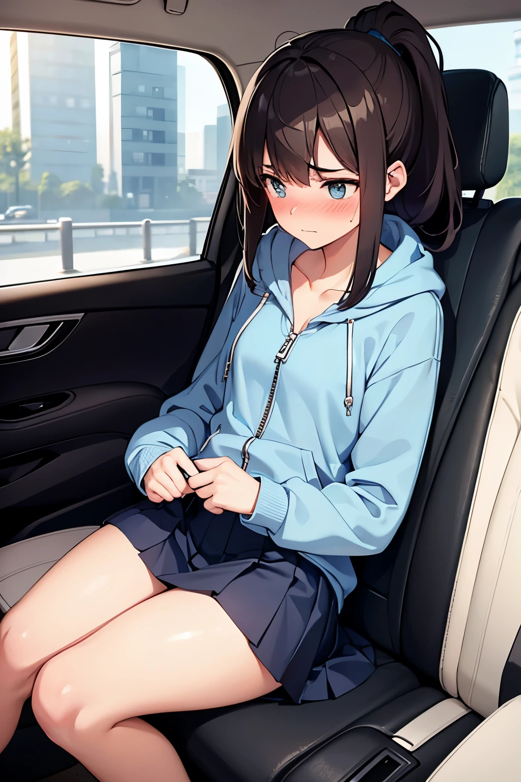 ((best quality)), ((masterpiece)), (detailed), (((perfect face))), ((slender 16yo teenage girl removing hoodie)), ((((light blue zip hoodie)))), (((dark blue pleated skirt))), ((small medium breasts)), (((undressing))), ((brunette)), ((ponytail)), ((topless)), ((shy:1.3)), ((blushing:1.5)), ((skinny thighs)), ((skinny hips)), (((sitting in passenger seat))), (((black car seat))), (((girl looking away))), ((trees in background)), (((skinny legs)))