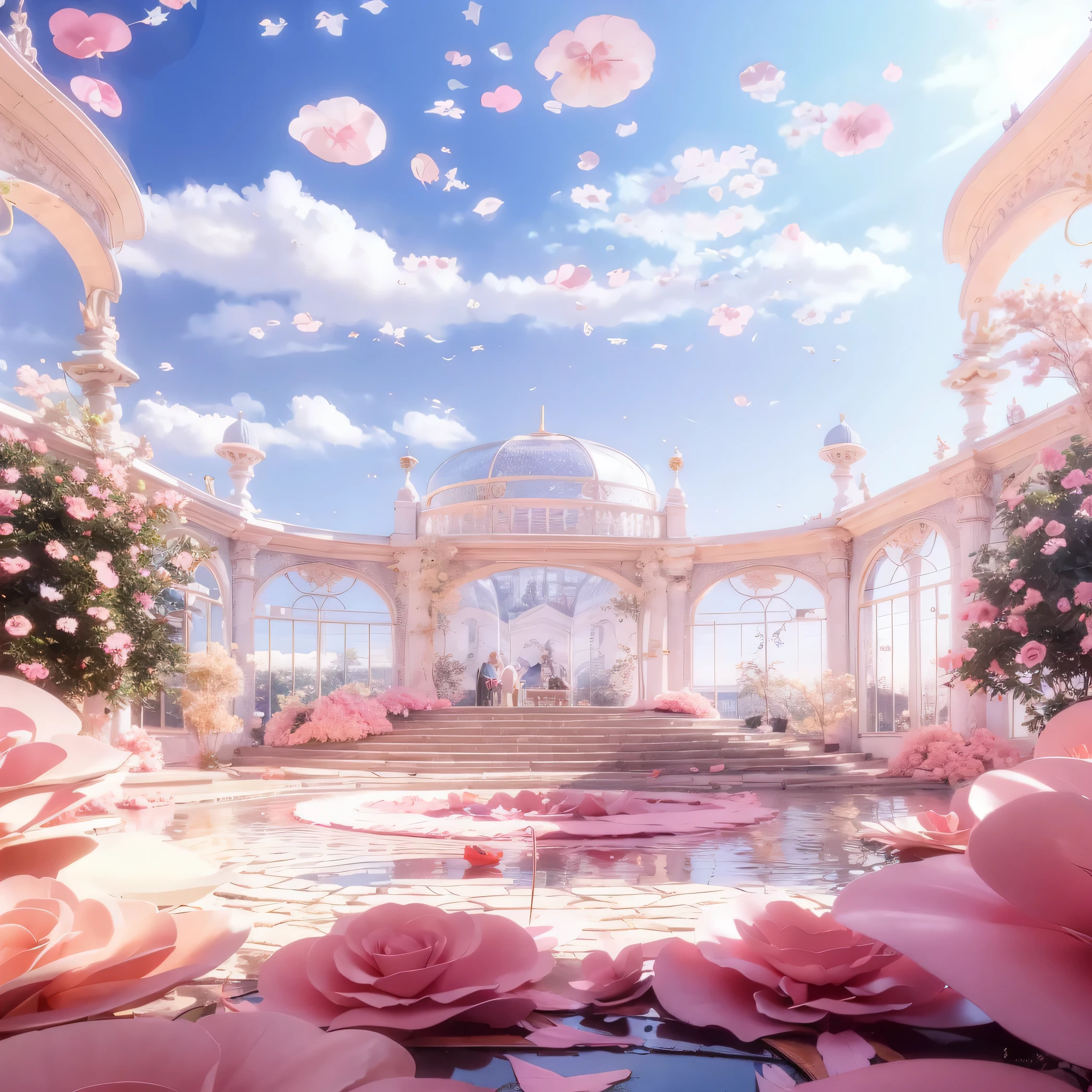 There is a large pink garden with a gazebo, Beautiful fairy tale rendering, palace background, , beautiful anime scene, Stunning mysterious background, Unreal Engine ; romantic theme, anime background art,  royal garden background, Dreamy and detailed