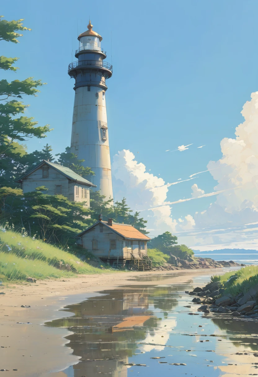 Lighthouse, by Makoto Shinkai and Makoto Niitsu, (best quality, masterpiece, Representative work, official art, Professional, 8k, Ultra intricate detailed:1.3)