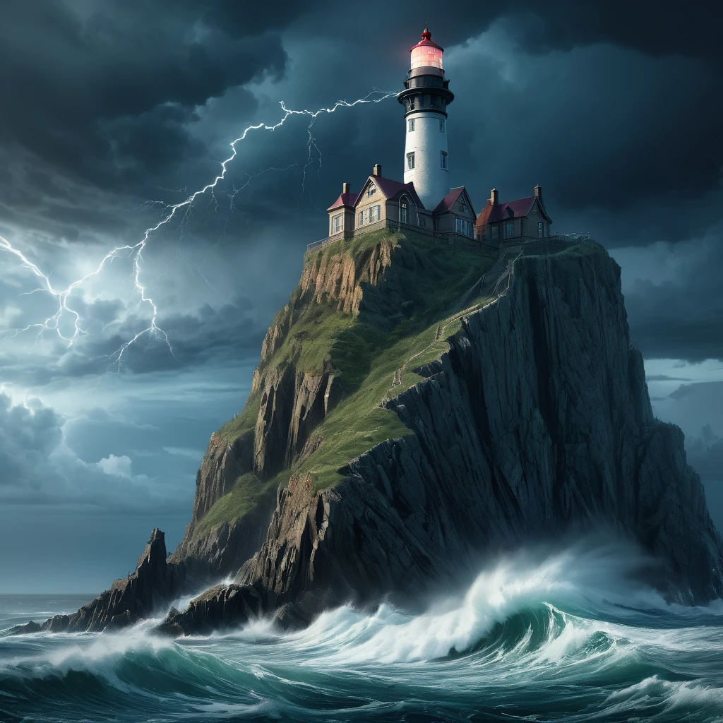 Lighthouse, aesthetic, extremely detailed, cliffs storm sea lighthouse Epic cinematic brilliant stunning intricate meticulously detailed dramatic atmospheric maximalist digital matte painting sinister by Greg Rutkowski