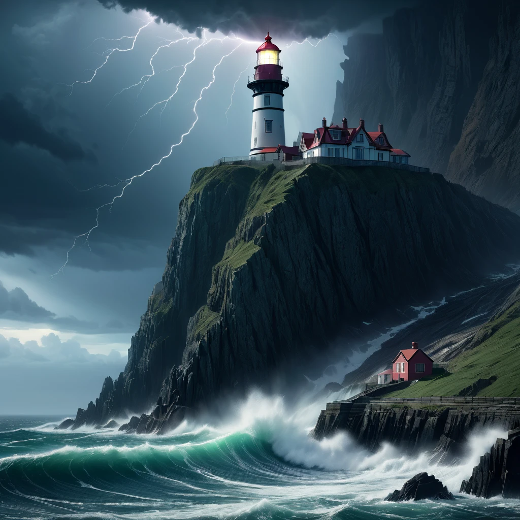 Lighthouse, aesthetic, extremely detailed, cliffs storm sea lighthouse Epic cinematic brilliant stunning intricate meticulously detailed dramatic atmospheric maximalist digital matte painting sinister by Greg Rutkowski