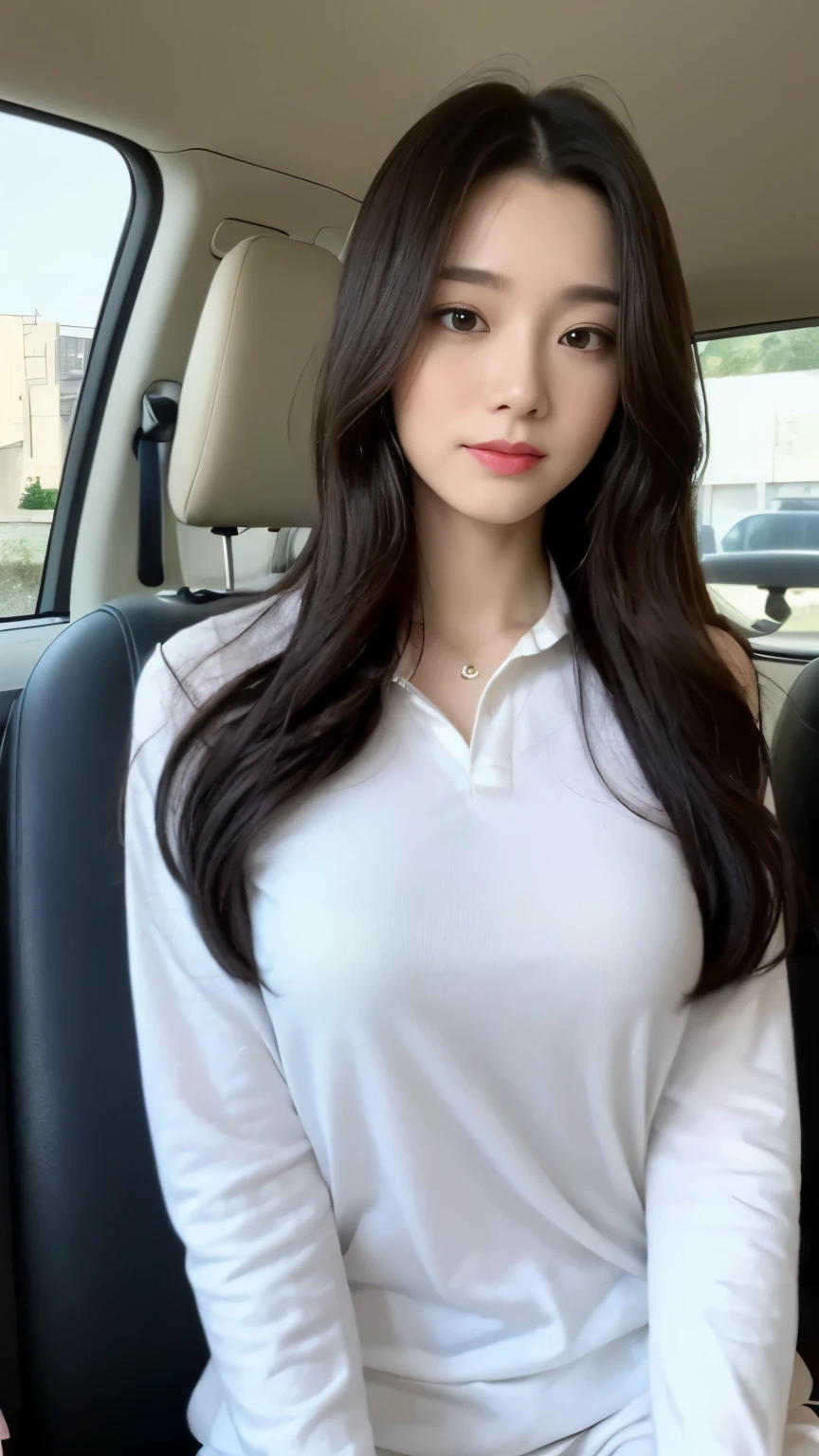 ((top-quality、8k、masterpiece:1.3))、Beautiful woman with perfect body:1.4、slim abdomen:1.2、Longhair, normal breast, Highly detailed facial and skin texture, A detailed eye, delicate eyes, double eyelid, (smile), (full body shot), ((sitting in car 1.1)), (sitting on car), ((wearing white uniform)), looking in front