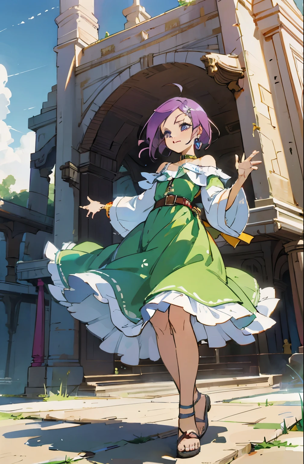 Kisho, 1 girl, purple hair, fantasy world, Remains, Bang, beautiful sky, shining sky, sunlight, smile, waving, sandals, belt, ribbon choker, Dresses that blow the wind, White lace dress, Off-shoulder sleeve, both hands, perfect fingers, five fingers, beautiful eyes