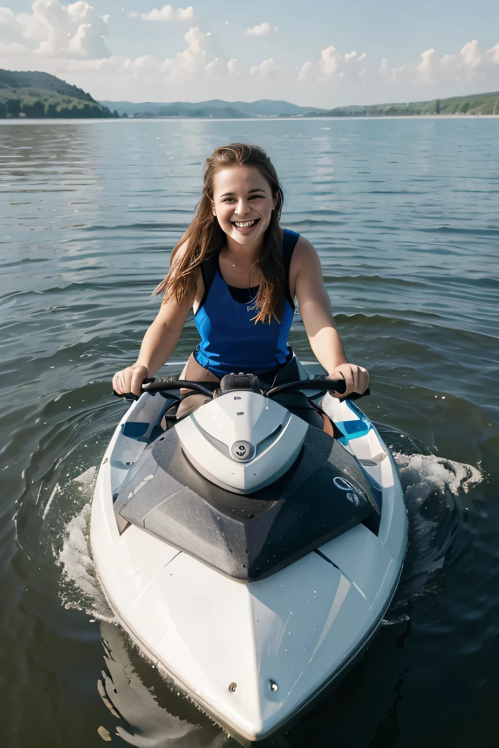 Please generate an image of Emily White riding a hydrobike on Lake Balaton. She should be navigating the calm waters with ease, surrounded by the scenic beauty of the lake and distant hills, radiating a sense of joy and adventure. Please emphasize realism in the image.