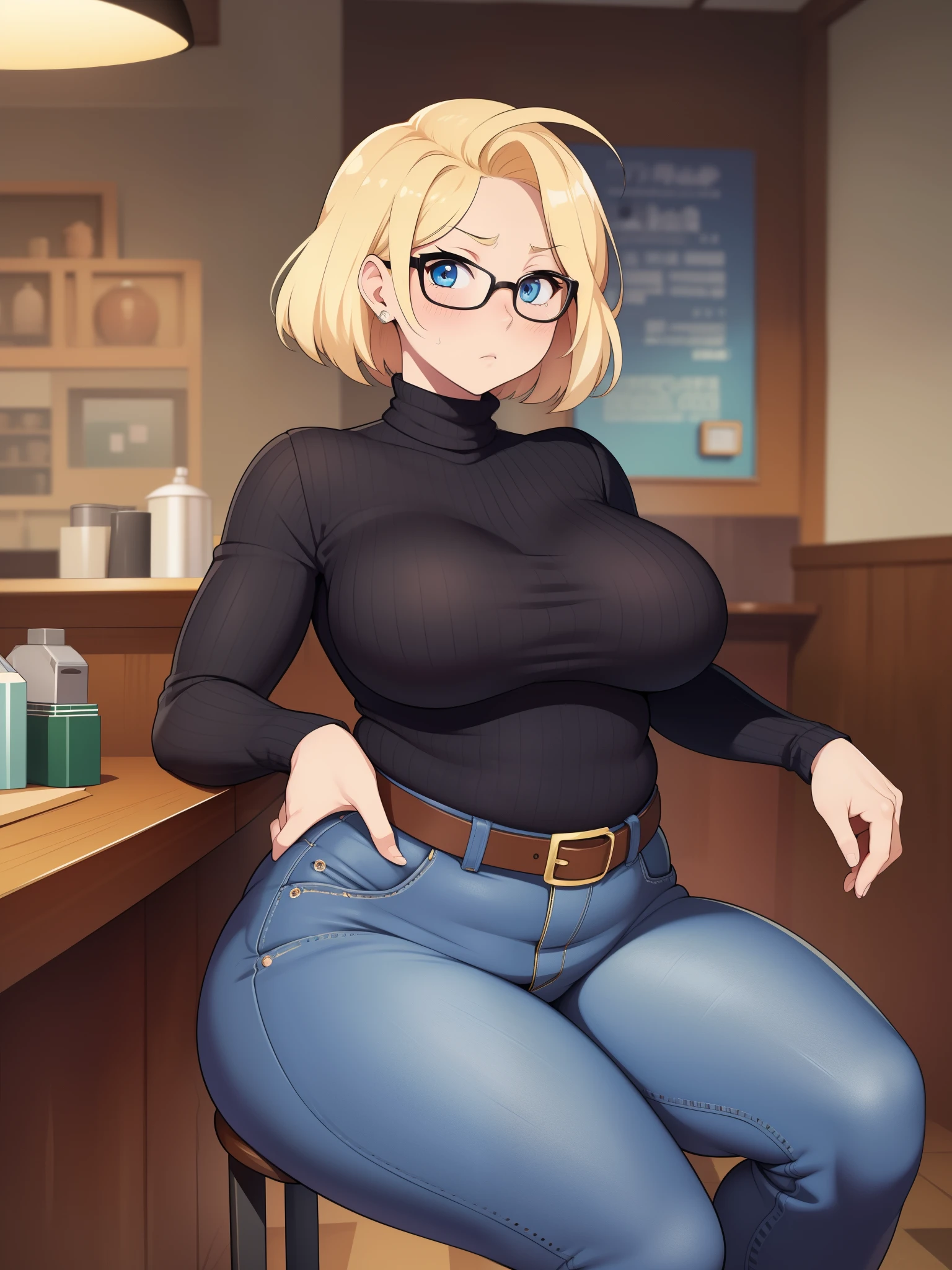 ((Masterpiece)), perfect anatomy, perfect shading, field of depth, (best quality), extremely delicate and beautiful, perfect lighting, detailed face, ultra cute face, cute, (cowboy shot 1.2), full body, (((1girl))), ((solo)), looking at viewer,

short hair, fluffy hair, blonde hair, blue eyes, Glasses, ((blush)), shy, nervous, embarrassed, (black turtleneck sweater 1.5), (jeans 1.2), belt, extremely tight clothes, medium breasts, ((wide hips)), ((thick thighs)), ((chubby)), 

coffee shop, intricate background, detailed background, sitting on a chair mug on table, (spoken heart),