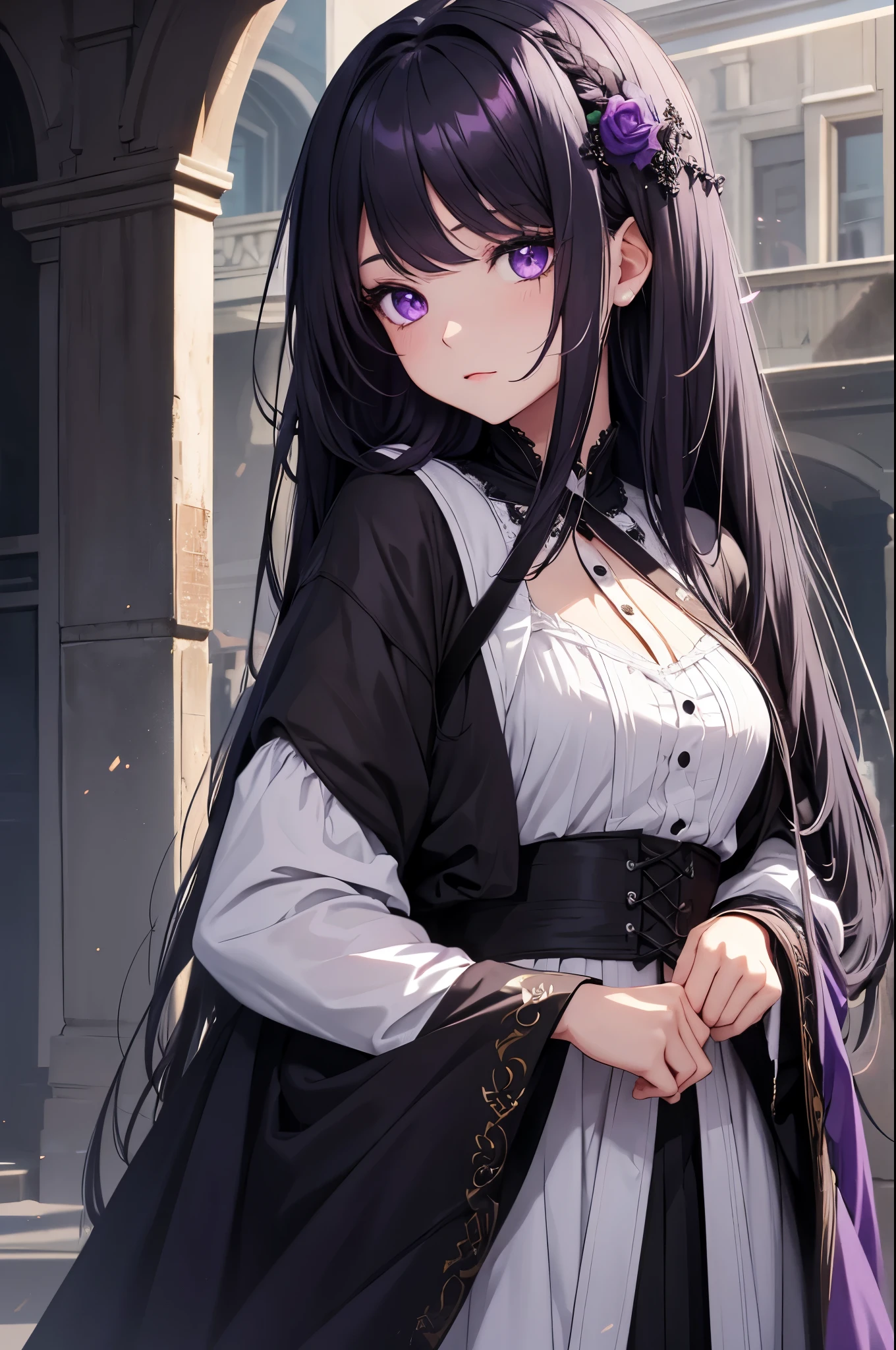 young girl, long dark purple or black hair, violet eyes, Black Rich Closed Clothing, Masterpiece, hiquality, high detail, HD, 4k