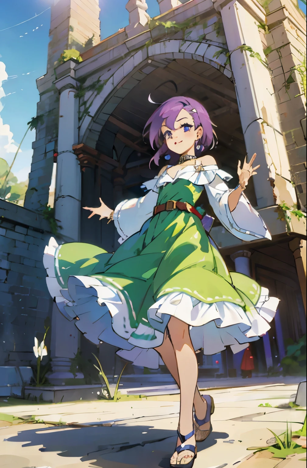 Kisho, 1 girl, purple hair, fantasy world, Remains, Bang, beautiful sky, shining sky, sunlight, smile, waving, sandals, belt, ribbon choker, Dresses that blow the wind, White lace dress, Off-shoulder sleeve, both hands, perfect fingers, five fingers, beautiful eyes