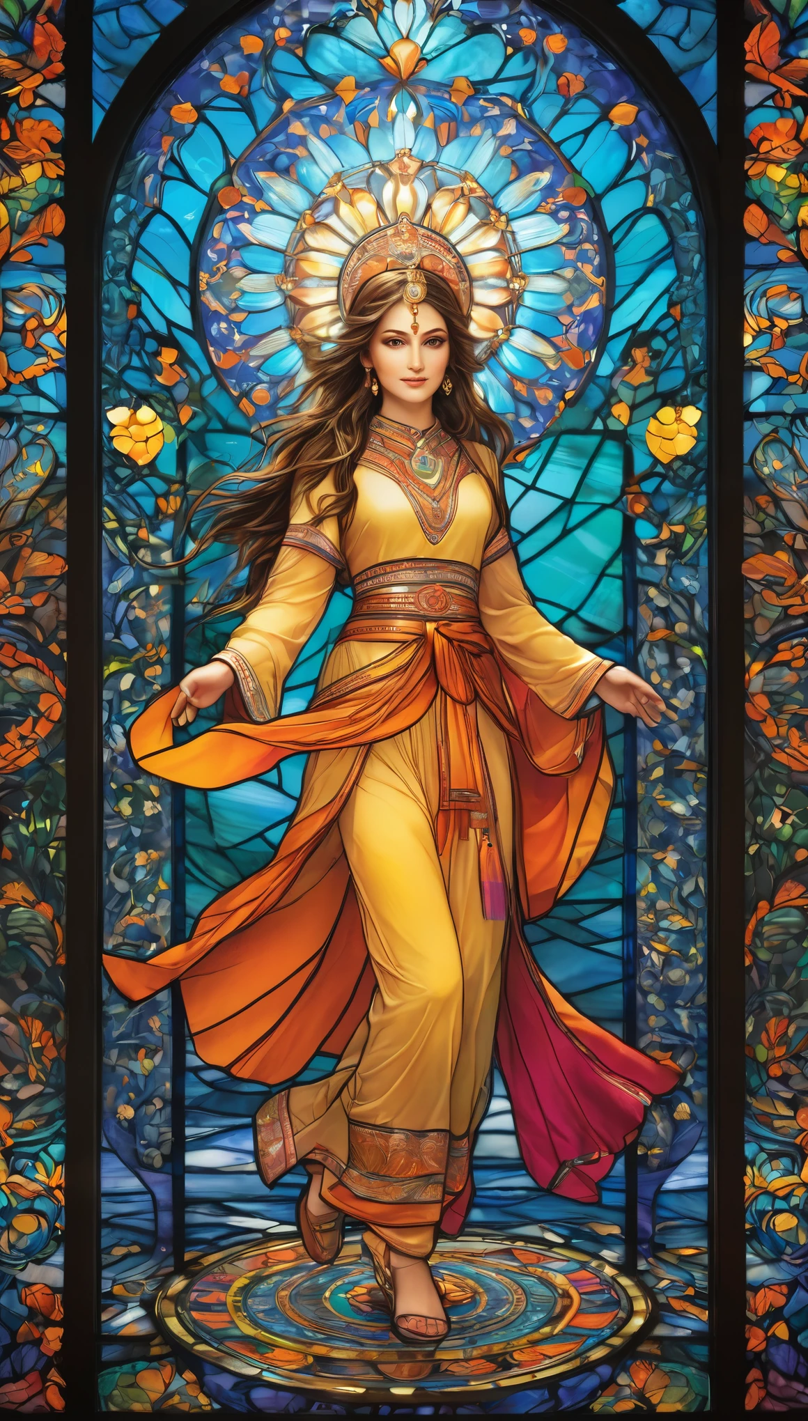 (masterpiece, top quality, best quality,official art, beautiful and aesthetic:1.2),(1girl:1.3), 1girl BREAK stained glass art, colored glass, lead lines, light transmission BREAK vibrant colors, intricate designs, luminous effects, spiritual ambiance