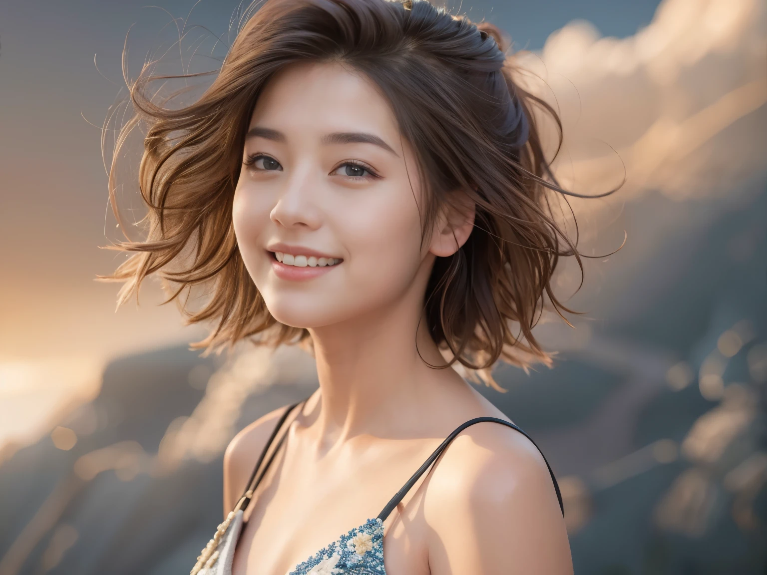(8k, highest quality, masterpiece:1.2), (realistic, Photoreal:1.37), super detailed, one woman,cute, solo,beautiful and detailed sky,date,(nose blush),(laughter:1.15),(closed mouth)small breasts、beautiful and fine eyes、(hair length: 1.2)、Floating hair NovaFrogStyle、wavy hair、Upper body、Tank top、28 year old woman、Smile