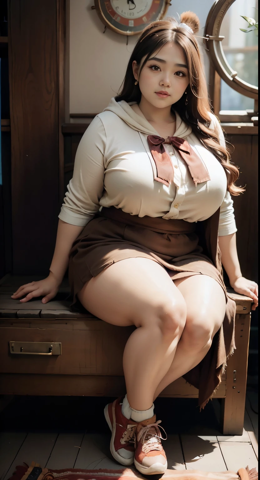 there is a woman sitting down with a longest brown hair, bbwchan, thicc, brown hijab outfit, brown hairstyle model, korean girl, korean woman, wearing brown robe, full length shot, alluring plus sized model, japanese goddess, clothed in hooded, voluptuous and arousing, portrait shot, curvy model, voluptuous body, wonderful, nene tanaka body , bbwchan, The overall atmosphere is smooth , haunting illustrations, extremely high-resolution details, photographic, realism pushed to extreme, fine texture, 4k, ultra-detailed, high quality, high contrast, red sneakers , cold atmosphere ,,