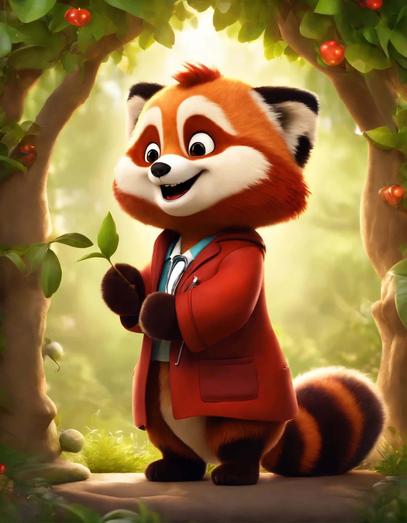 (Masterpiece, Best Quality, Very Detailed CG, Intricate Details: 1.2), 8k Wallpaper, Masterpiece, Best Quality, Award-Limited, High Quality, Super Detail, High Detail, Textured Skin, Cute, UHD, Anatomically Correct, Pixar Style, (A Cute Red Panda Wearing Doctor's Coat: 1.2), Doctor, Happy Sweet Smile. Fairy tale, bright colors, natural light, facial focus, simple background