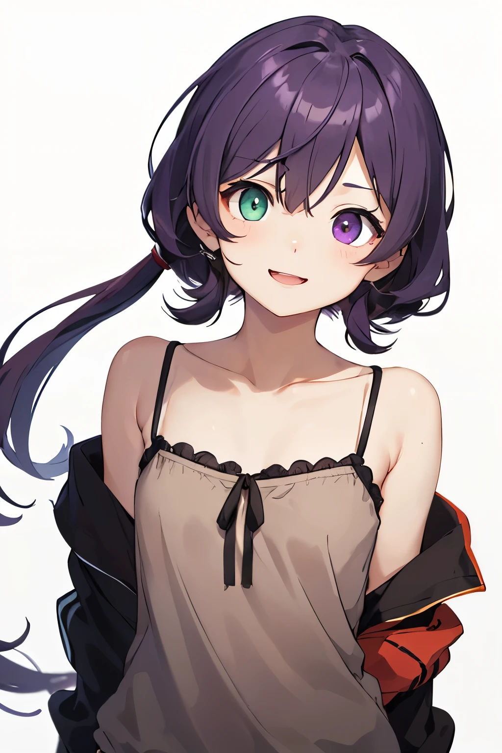 white background、Solid white background、blank background、standing、arms behind back、 fold your hands behind your back、Upper body photographed from the front,(high quality, Breathtaking),(delicate eyes, perfect face)solo, Era: late 20s, beautiful eyes、open your mouth without showing your teeth、Smile with mouth wide open、odd eye, Heterochromia - left eye is brown、open your mouth wide、purple hair, , shoulder length straight hair,well-groomed hair, undisturbed hair、side bangs, camisole、Off-the-shoulder hoodies、