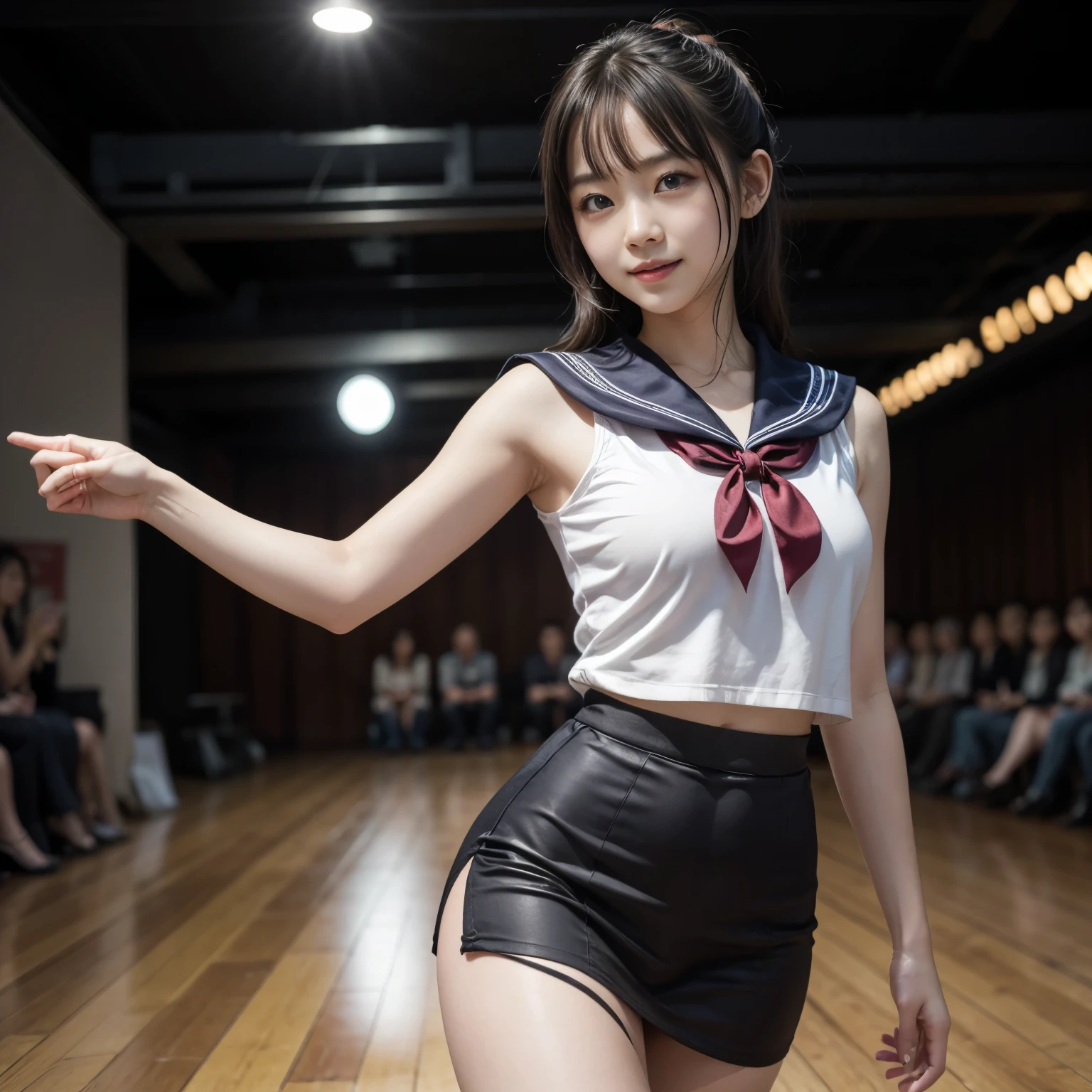 ((masterpiece、highest quality))、shape、Super detailed、8k、realistic、sharp focus、very detailed、professional lighting、Spotlight、colorful details、(A peerless beautiful girl:1.4)、(Wearing a tight sailor suit and skirt:1.35)、(Clothes that allow you to see through your underwear:1.２５)、(dance violently:1.3)、detailed texture、perfect style、erotic body、On stage with a luxurious set、in front of a packed audience、look at the audience、18-year-old、smile、