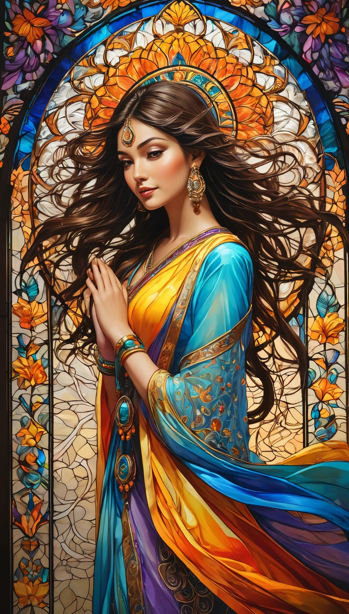 (masterpiece, top quality, best quality,official art, beautiful and aesthetic:1.2),(1girl:1.3), 1girl BREAK stained glass art, colored glass, lead lines, light transmission BREAK vibrant colors, intricate designs, luminous effects, spiritual ambiance