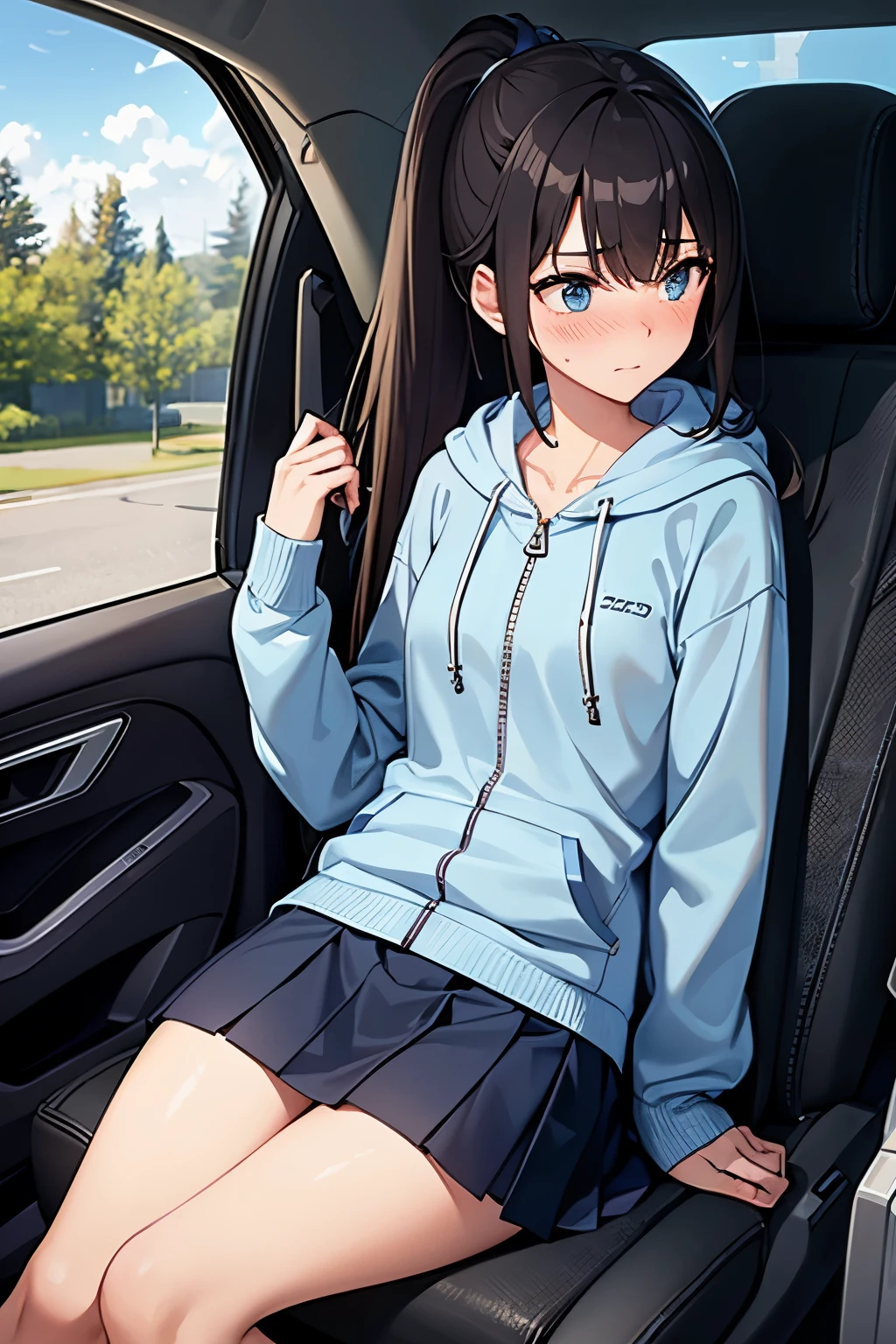 ((best quality)), ((masterpiece)), (detailed), (((perfect face))), ((slender  teengirl removing hoodie)), ((((light blue zip hoodie)))), (((dark blue pleated skirt))), ((small medium breasts)), (((undressing))), ((brunette)), ((ponytail)), ((topless)), ((shy:1.3)), ((blushing:1.5)), ((skinny thighs)), ((skinny hips)), (((sitting in passenger seat))), (((black car seat))), (((girl looking away))), ((trees in background)), (((skinny legs)))