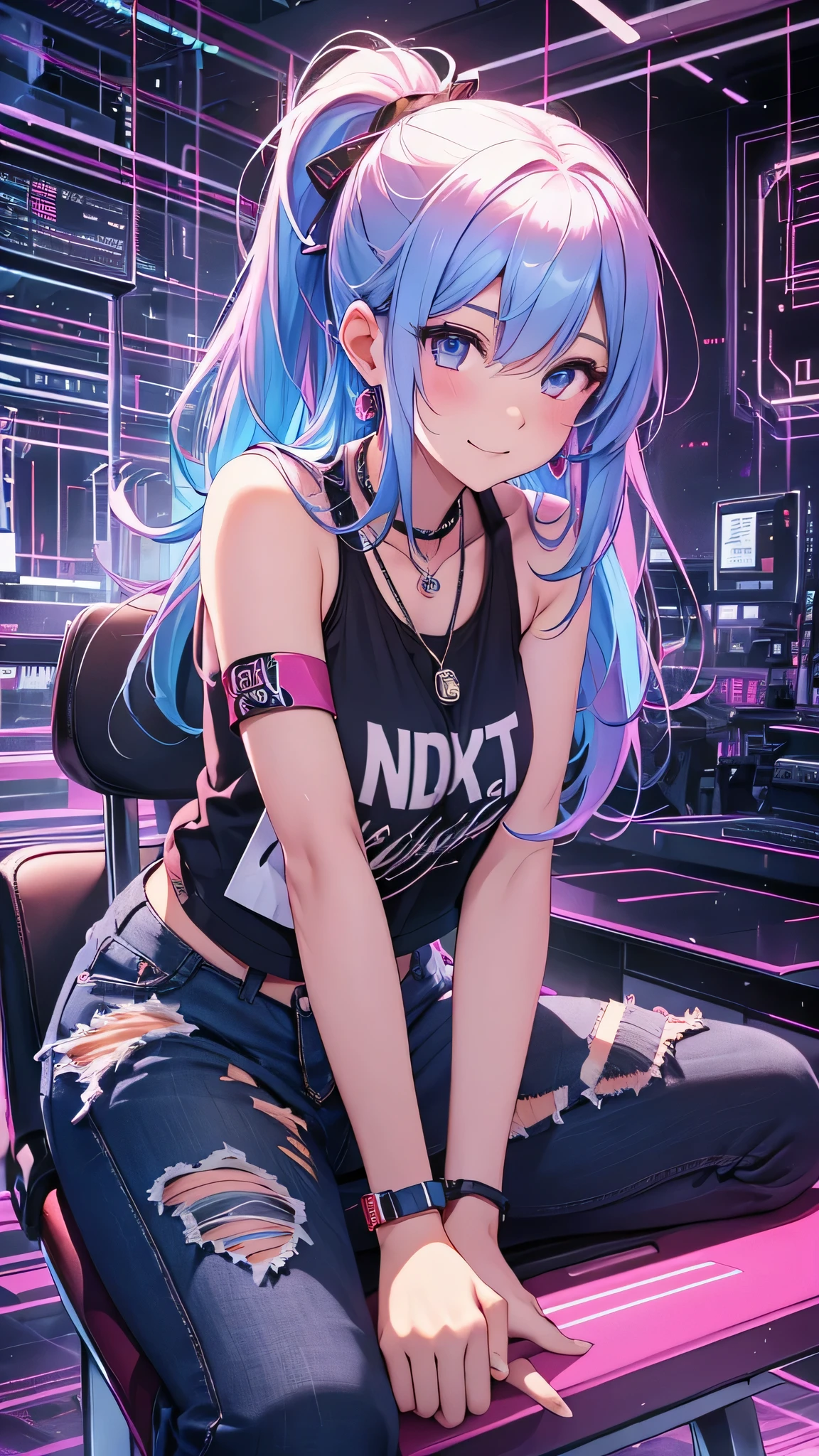 最high quality、best image quality、masterpiece、girl((20-year-old、 By becoming、vest bust、medium bust,wide open breast tea、shining eyes, neon hair、long hair、thin,highest valley、ponytail、Damaged Denim Shorts、black navel shirt、Damaged Denim Jacket、smile、full body tattoo,diamond earrings、Wristband、necklace,bubble gum、sit on a chair、leaning forward)),high quality、beautiful art、background((Hacker Room、neon lighting))、Flight、debris flies、Depth of written boundary、movie、visual art、perfect art、8k,genuine、