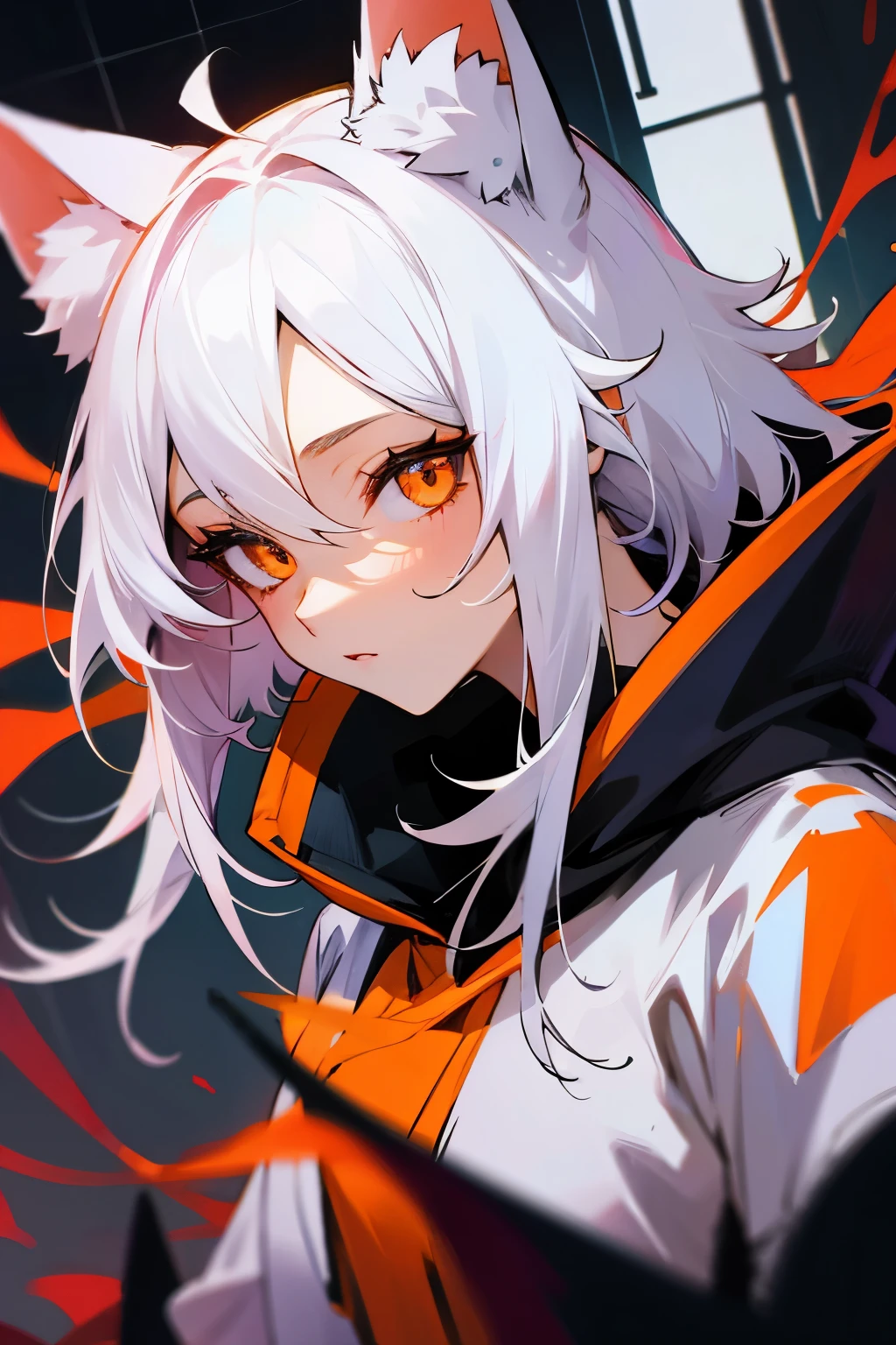 white hair、orange eyes、fox hood 