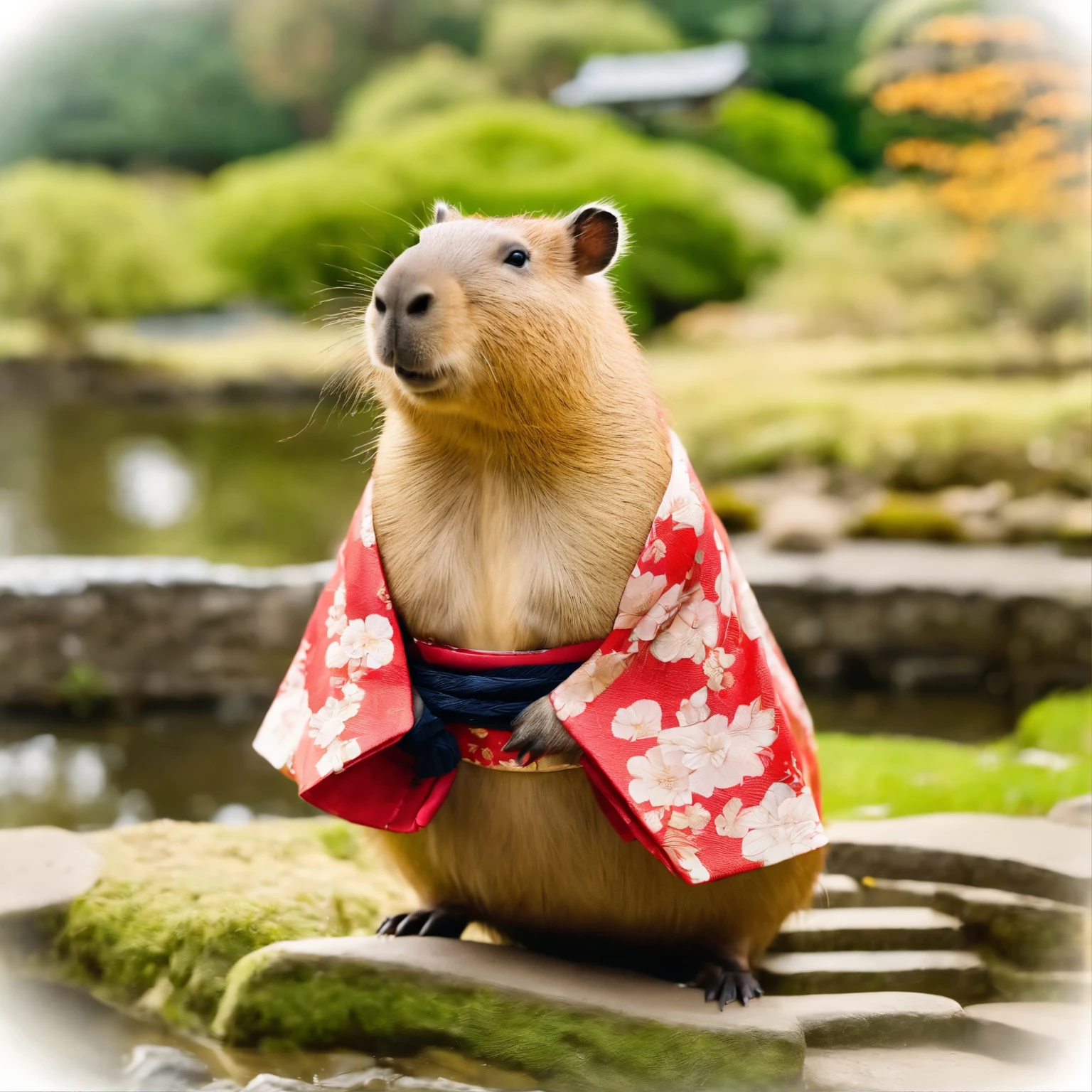 A fat and cute capybara wearing a Japanese kimono, standing in a traditional Japanese garden, smiling at the camera.