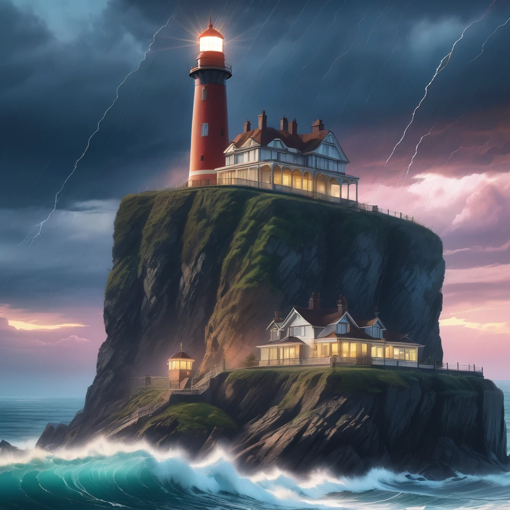 Lighthouse, aesthetic, extremely detailed, cliffs storm sea lighthouse Epic cinematic brilliant stunning intricate meticulously detailed dramatic atmospheric maximalist digital matte painting sinister by Greg Rutkowski