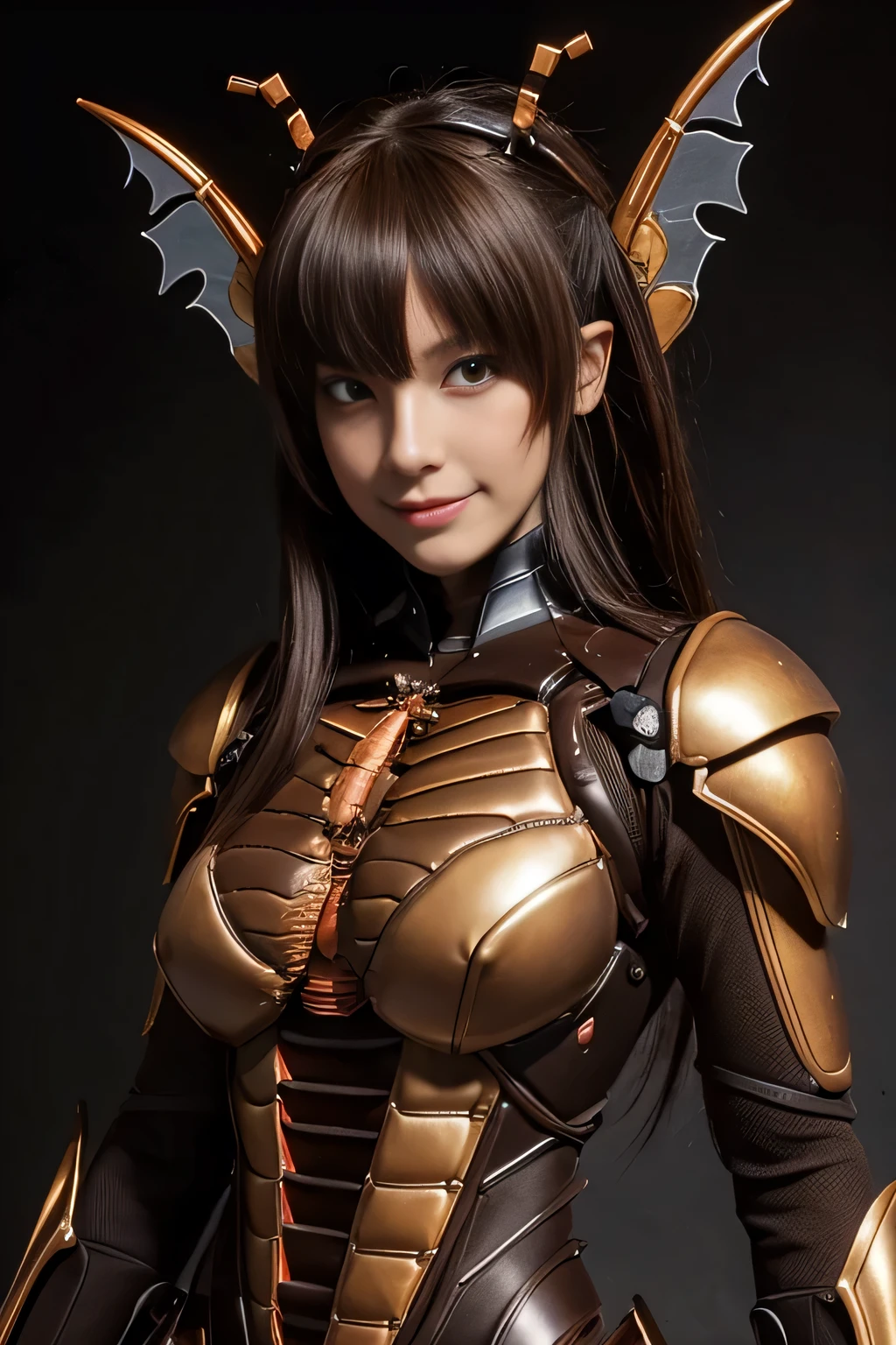 (High resolution,masterpiece,highest quality,Very detailed CG, anime, official art:1.4), realistic, photograph, amazing detail, everything is complicated, shiny and glossy,Amazing number of layers, 8K wallpaper, 3D, sketch, cute, figure,( alone:1.4), perfect female proportions,villain's daughter, (Fusion of dark brown cockroach and lady:1.4), (brown cockroach woman:1.2), (brown cockroach woman:1.2), (Fusion:1.2), (alone:1.4), (evil smile:1.2), muscular, abs, (Cockroach brown exoskeleton bio insect suit:1.4), (Cockroach brown exoskeleton bio insect armor:1.2), (brown transparent cockroach feathers:1.4), (Antennae of brown cockroaches:1.3),