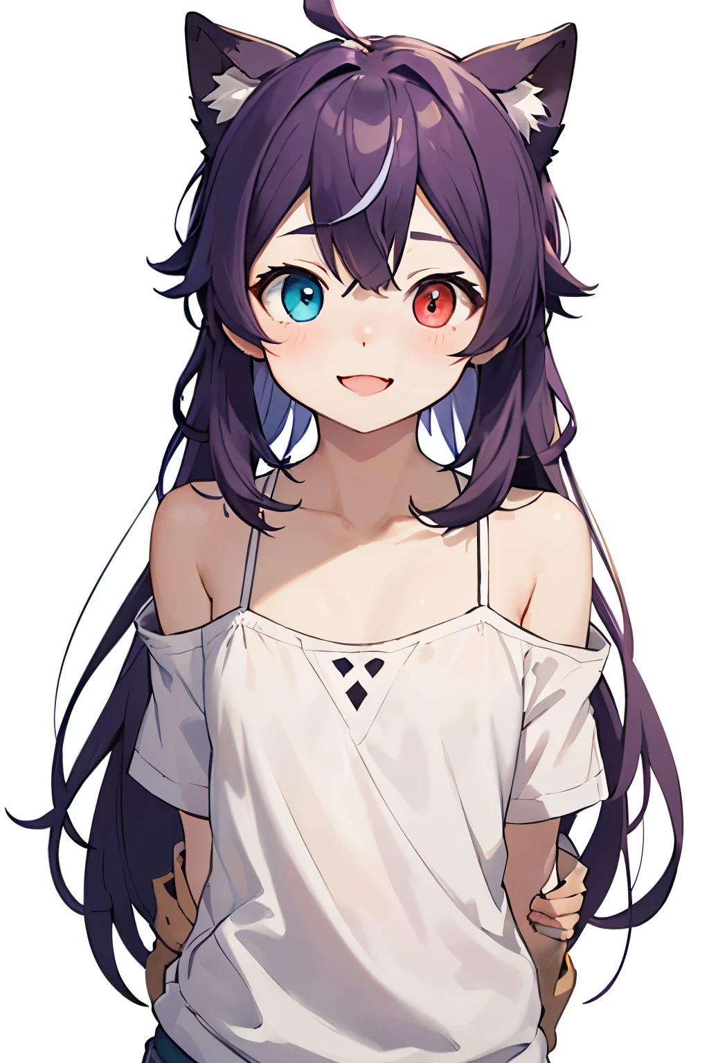 white background、Solid white background、blank background、standing、arms behind back、 fold your hands behind your back、Upper body photographed from the front,(high quality, Breathtaking),(delicate eyes, perfect face)solo, Era: late 20s, beautiful eyes、open your mouth without showing your teeth、Smile with mouth wide open、odd eye, Heterochromia - left eye is brown、open your mouth wide、purple hair, , shoulder length straight hair,well-groomed hair, undisturbed hair、side bangs, camisole、Off-the-shoulder hoodies、