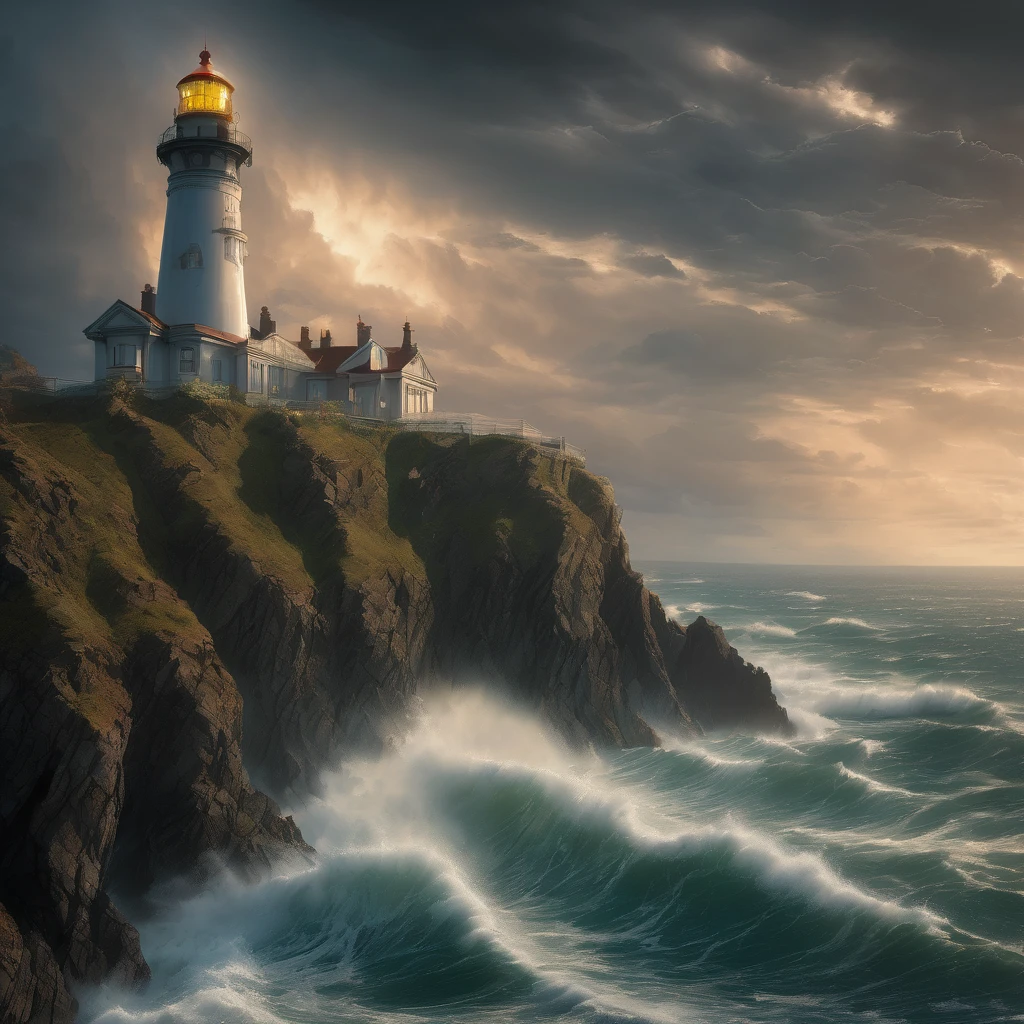 Lighthouse, aesthetic, extremely detailed, cliffs storm sea lighthouse Epic cinematic brilliant stunning intricate meticulously detailed dramatic atmospheric maximalist digital matte painting sinister by Greg Rutkowski