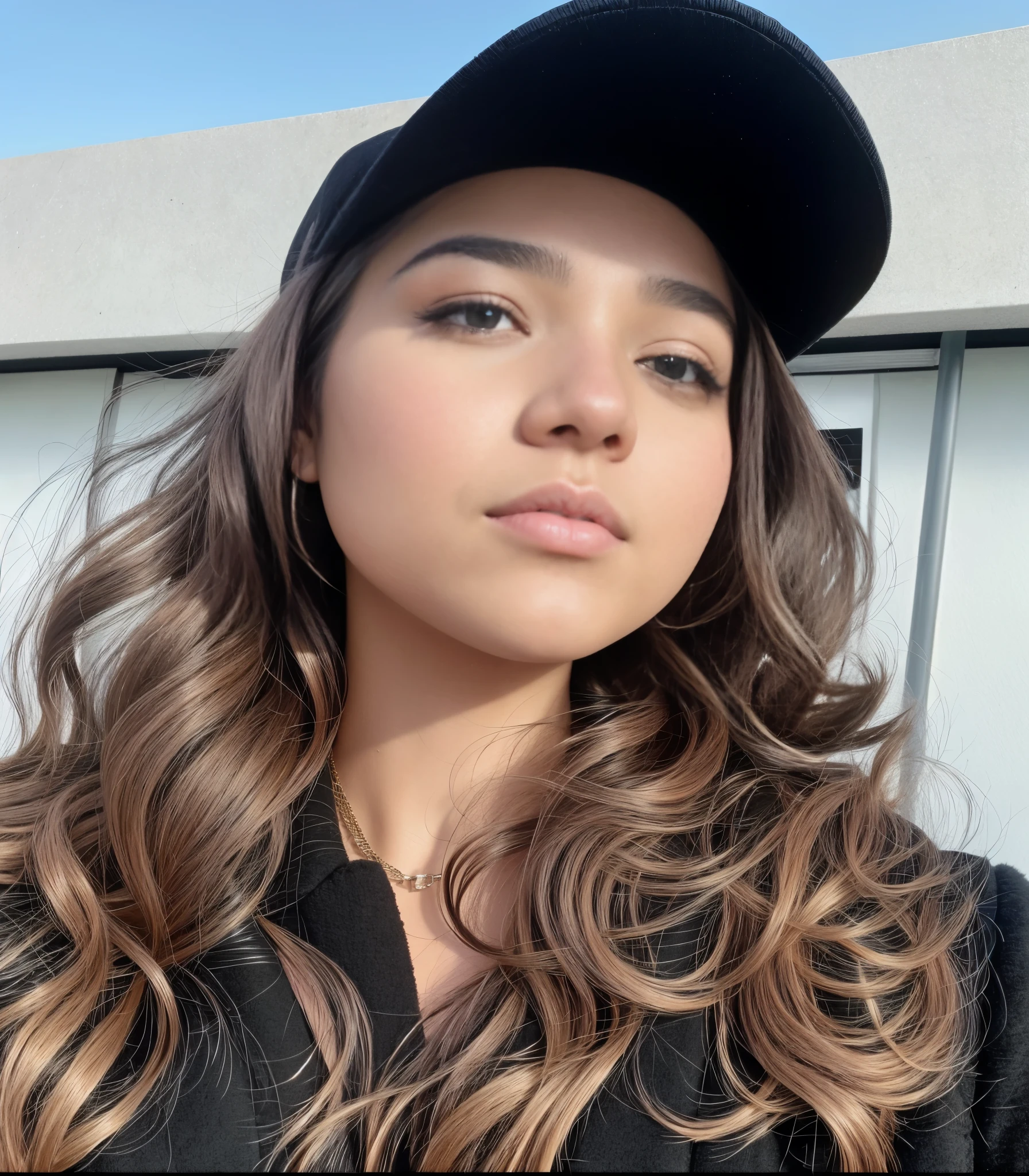 there is a woman with long hair wearing a hat and a black jacket, Ele concorda, Retrato de Sophie Mudd, Hailee Steinfeld, Kailee Mandel, selfie de uma jovem, Isabela Moner, estilo de julia razumova, embaralhamento dos namorados, profile picture with headshot, Alina Ivanchenko, sem maquiagem, Anna Nikonova aka Newmilky