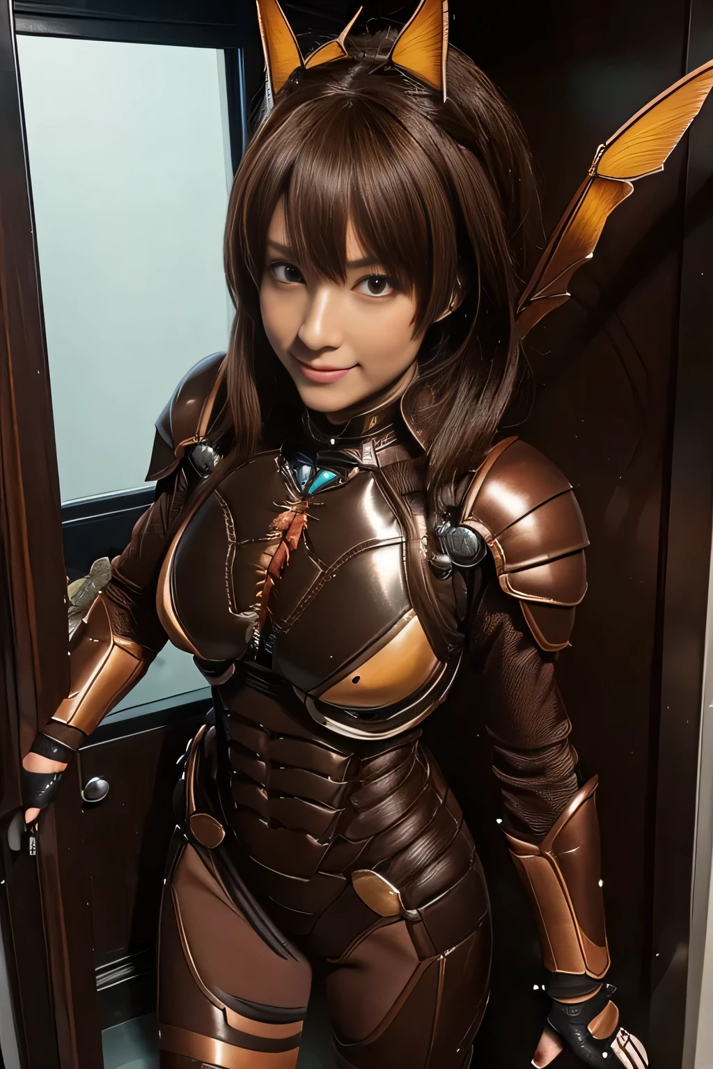 (High resolution,masterpiece,highest quality,Very detailed CG, anime, official art:1.4), realistic, photograph, amazing detail, everything is complicated, shiny and glossy,Amazing number of layers, 8K wallpaper, 3D, sketch, cute, figure,( alone:1.4), perfect female proportions,villain&#39;s daughter, (Fusion of dark brown cockroach and lady:1.4), (brown cockroach woman:1.2), (brown cockroach woman:1.2), (Fusion:1.2), (alone:1.4), (evil smile:1.2), muscular, abs, (Cockroach brown exoskeleton bio insect suit:1.4), (Cockroach brown exoskeleton bio insect armor:1.2), (brown transparent cockroach feathers:1.4), (Antennae of brown cockroaches:1.3),