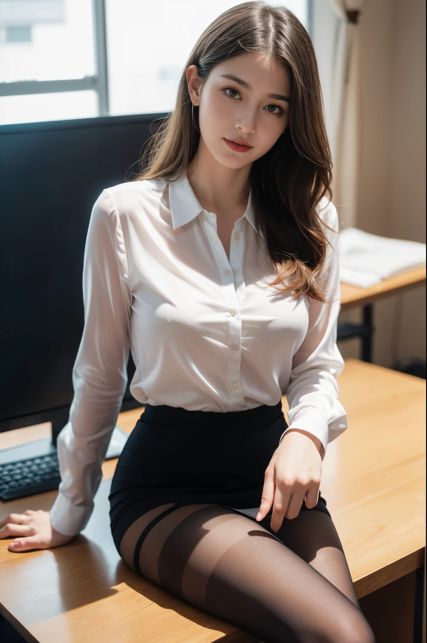 ulzzang-6500-v1.1, (RAW photo:1.2), (Photoreal), (See-through:1.3), (muste piece), (genuine:1.4), 1with a girl、26 years old、game_ticker, オーシャンブルーのeye(eye), smile of shame、blonde semi-long hair、curly hair、european girl、(Elegant silk blouse:1.3), (super realistic pantyhose:1.2), (flare skirt:1.2), sitting in the office and working at the desk、realistic skin texture、shiny skin、exposed thighs!!! , Makeup、