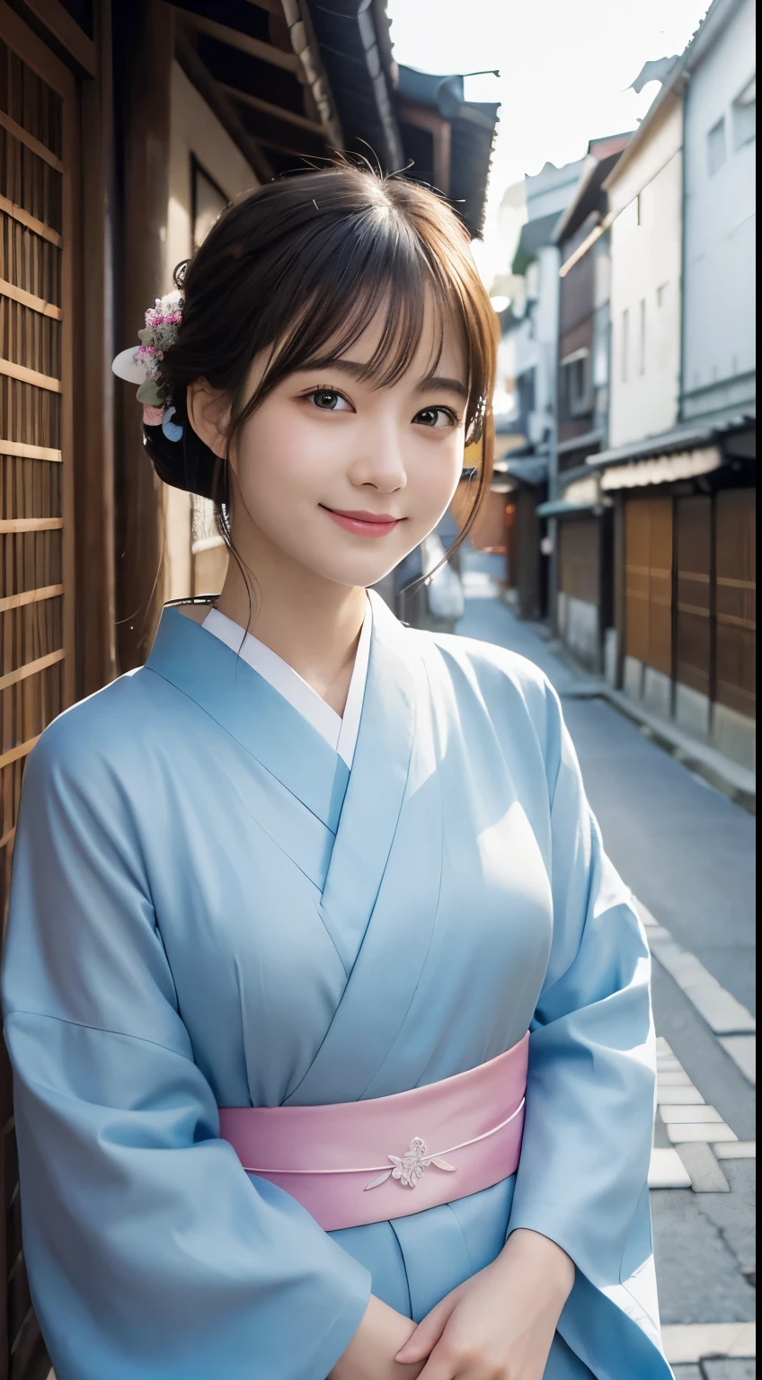professional lighting,(Photoreal:1.4), (Top image quality:1.0), (超A high resolution:1.0), 8k, Raw photography, (masterpiece:0.2), (Pueros face_v1:0.5)、(最高quality Detail:1.2)、realistic、8k UHD、High resolution、(1 girl:1.2)、超detailedな、High quality textures、intricate details、detailed、Very detailed CG、High quality shadows、detailed 美しく繊細な顔、Beautiful details and delicate eyes、(symmetrical eyes:1.2),Depth of the bounds written、ray tracing,1 girl, japanese girl, (natural smile:1.4),cute, thin, Portrait of a beautiful Japanese woman wearing a kimono, Standing elegantly on a street corner in Kyoto. A kimono with bright traditional patterns, Hair decorated with an elegant and delicate hairpin, and a gentle expression. (Against the backdrop of the old streets of Kyoto:1.4)、soft light on a spring afternoon、adds tranquility to the scene. Rendered in a realistic style with great attention to detail, High resolutionの画像.sky porn, magic hour, (realistic:1.3), finely, quality, (table top:1.2), (realistic:1.2), (最高quality), (複雑なdetailed), dramatic, ray tracing, photograph, +roller