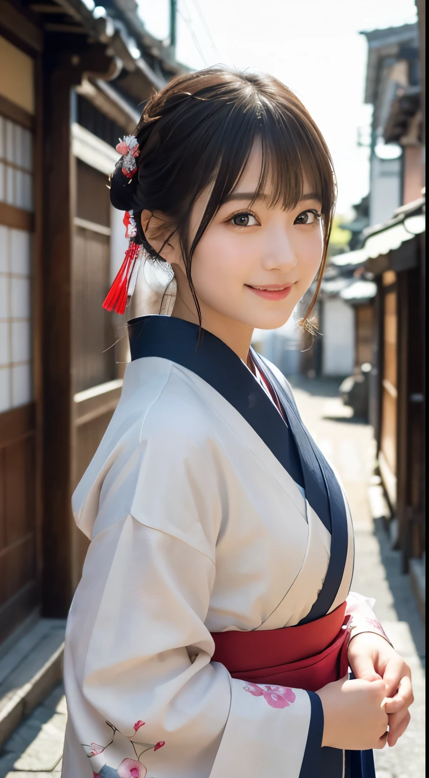 professional lighting,(Photoreal:1.4), (Top image quality:1.0), (超A high resolution:1.0), 8k, Raw photography, (masterpiece:0.2), (Pueros face_v1:0.5)、(最高quality Detail:1.2)、realistic、8k UHD、High resolution、(1 girl:1.2)、超detailedな、High quality textures、intricate details、detailed、Very detailed CG、High quality shadows、detailed 美しく繊細な顔、Beautiful details and delicate eyes、(symmetrical eyes:1.2),Depth of the bounds written、ray tracing,1 girl, japanese girl, (natural smile:1.4),cute, thin, Portrait of a beautiful Japanese woman wearing a kimono, Standing elegantly on a street corner in Kyoto. A kimono with bright traditional patterns, Hair decorated with an elegant and delicate hairpin, and a gentle expression. (Against the backdrop of the old streets of Kyoto:1.4)、soft light on a spring afternoon、adds tranquility to the scene. Rendered in a realistic style with great attention to detail, High resolutionの画像.sky porn, magic hour, (realistic:1.3), finely, quality, (table top:1.2), (realistic:1.2), (最高quality), (複雑なdetailed), dramatic, ray tracing, photograph, +roller