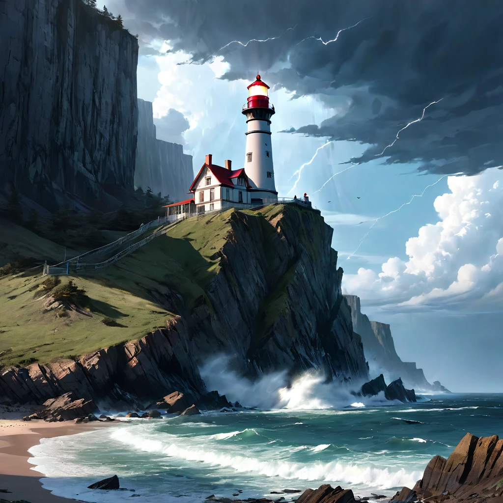 Lighthouse, aesthetic, extremely detailed, cliffs storm sea lighthouse Epic cinematic brilliant stunning intricate meticulously detailed dramatic atmospheric maximalist digital matte painting sinister by Greg Rutkowski