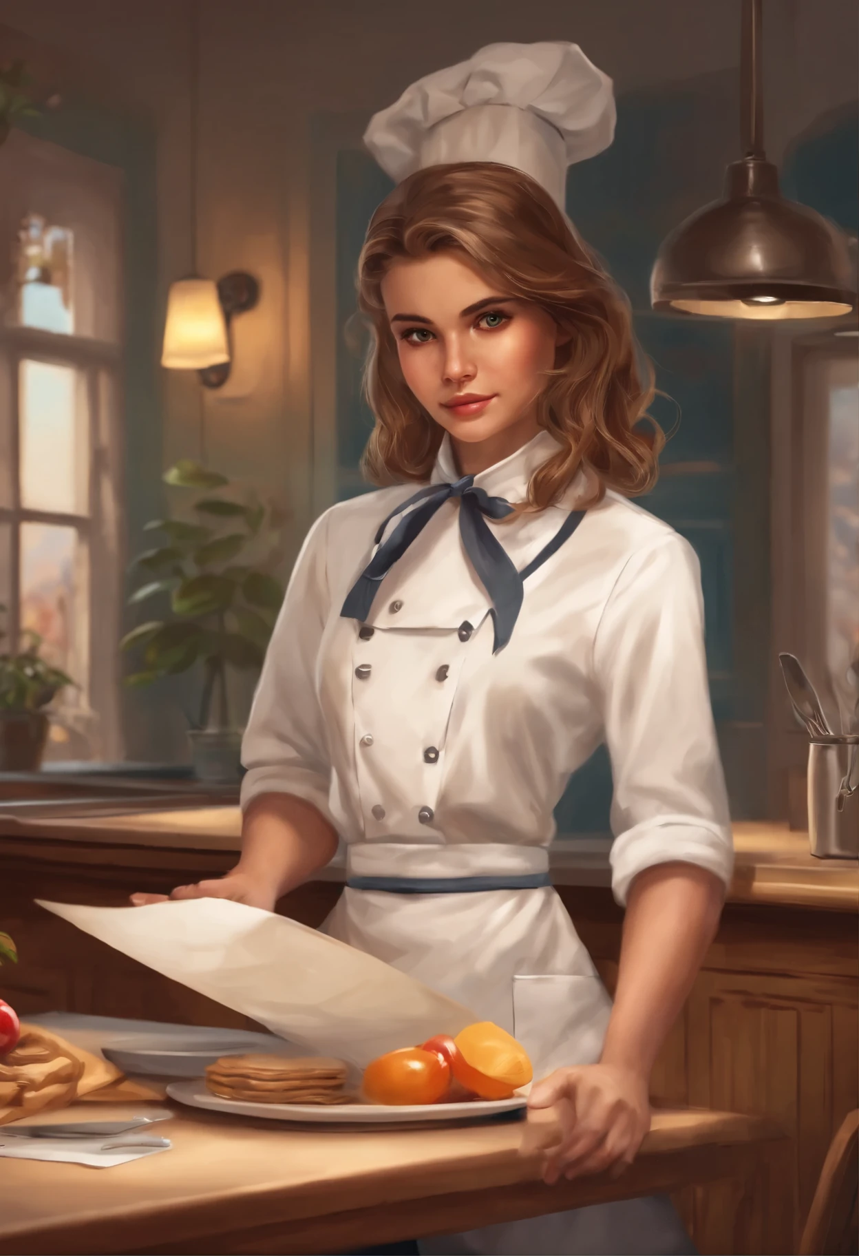 chef-d'artwork, best quality, 1fille, regarder le spectateur, une pièce,, namiOP, school uniform, school, school desk,, seulement,