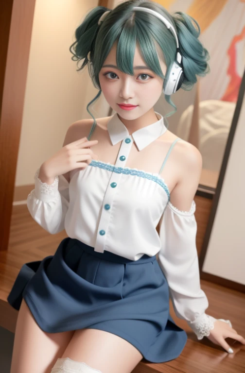 (tmasterpiece,best qualityer),intricately details, 1girll,blue green hair,Heart-shaped openwork,White cheongsam,gossamer,Slender legs,Han Street,Ancient Chinese streets,soaking wet,,white stockings,adolable,small busts,Slightly exposed chest,,adolable,vivaciousness,having fun,Super big eyes,Blue-green ear headphones