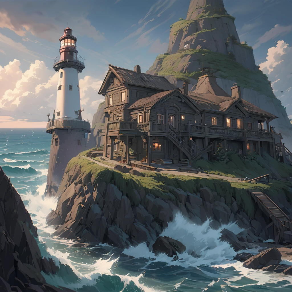 Lighthouse, aesthetic, extremely detailed, cliffs storm sea lighthouse Epic cinematic brilliant stunning intricate meticulously detailed dramatic atmospheric maximalist digital matte painting sinister by Greg Rutkowski