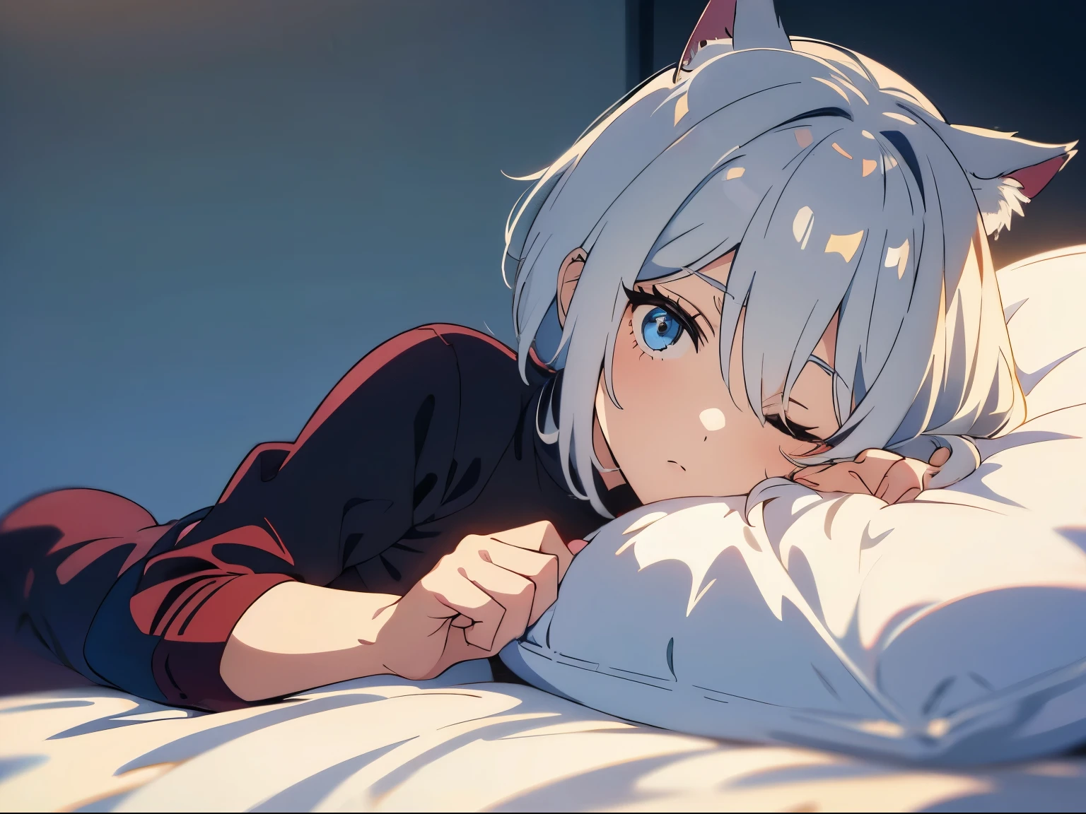 masterpiece, cat ears boy(gray hair, short hair) ,boyish,Hone your skills、Let me'Go on a journey to uncover the secrets of power.., beautiful eyes、depicted in detail,bed,Lie,close your eyes,overhead shot,sleepy