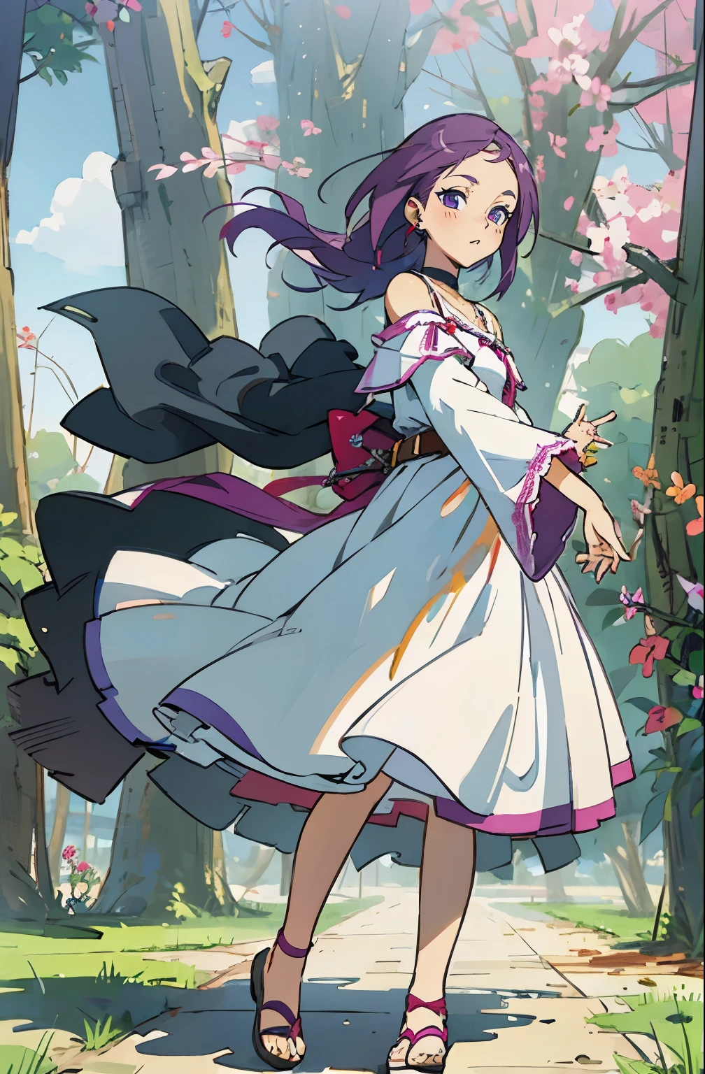 Kisho, 1 girl, purple hair, fantasy world, Remains, Bang, beautiful sky, shining sky, sunlight, smile, waving, sandals, belt, ribbon choker, Dresses that blow the wind, White lace dress, Off-shoulder sleeve, both hands, perfect fingers, five fingers, beautiful eyes