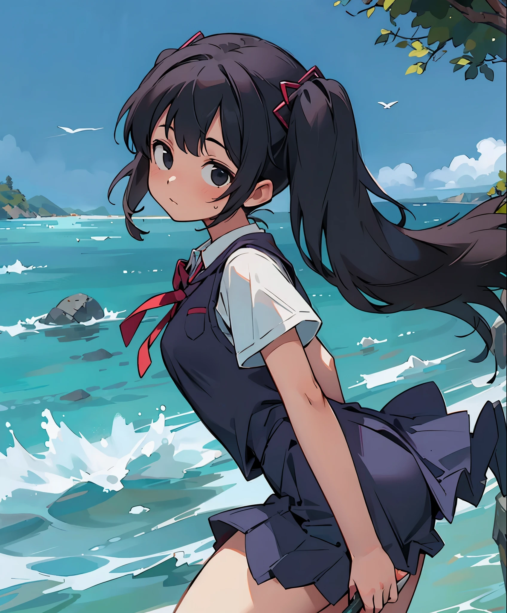 (masterpiece、highest quality、highest quality、official art、beautiful beautiful:1.2)、(1 girl:1.3)Hatsune Miku、twin tails,big breasts,masterpiece, Best quality - 1girl, alone, sweater vest, black hair, tie, long hair, black eye, school uniform, outdoors, null, short sleeve, look away, looking to the side, shirt, skirt, red tie, Ocean, handrail, scenery, vest