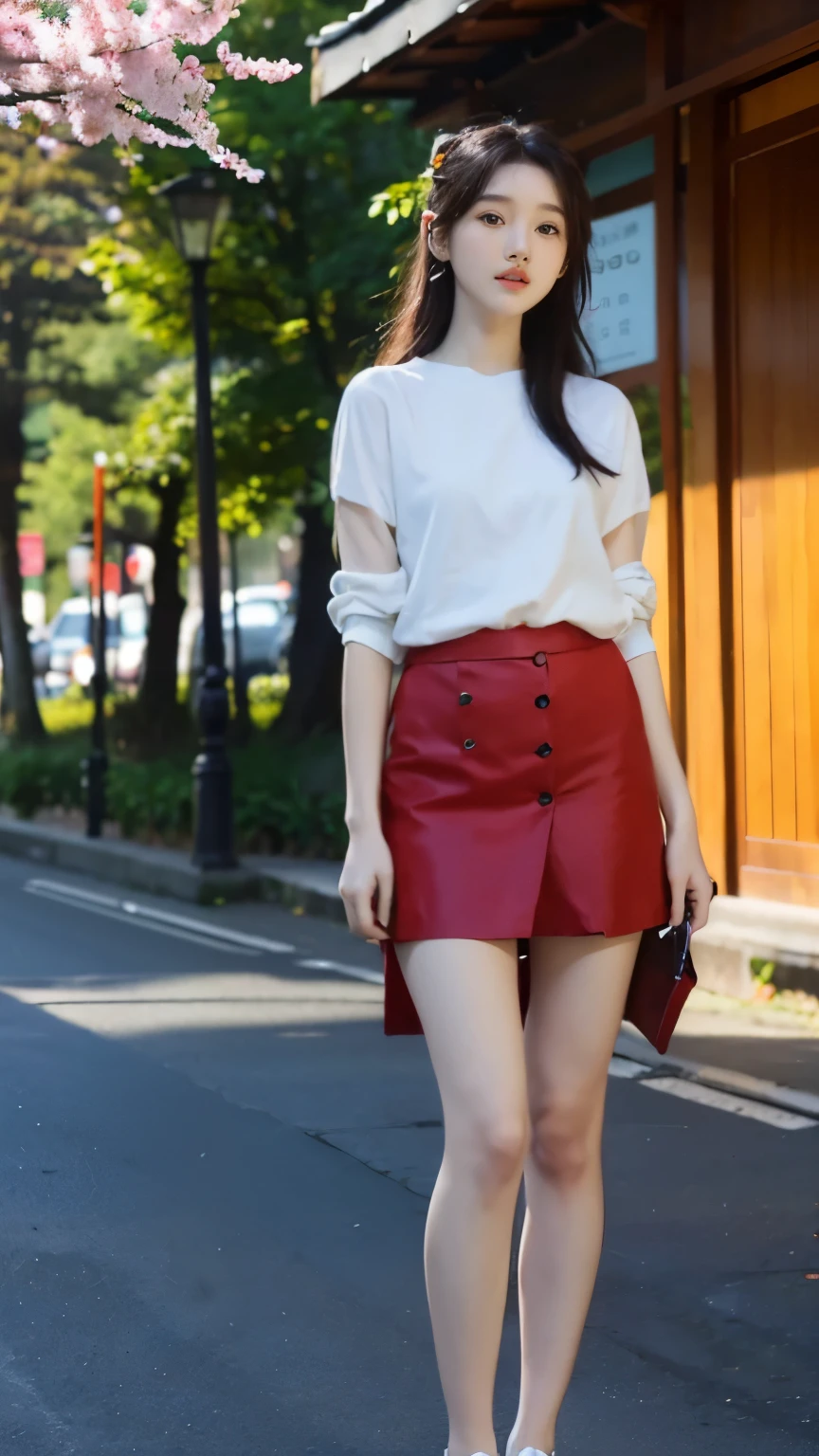 ((best quality, 8 thousand, masterpiece:1.4)), (1 woman), ((very small face:1.3)), masterpiece, best quality, very detailed, illustration, wide angle, A girl is standing in the middle of the road, alone, Pink cherry trees on the central road and roadside, whole body, 20&#39;s, sweater, short skirt, fashion,, composition, balance, Harmony, rate, color, light, shadow, reflect, refraction, interval, difference, Panorama, center field, background, naturalistic, figurative, expressive, 