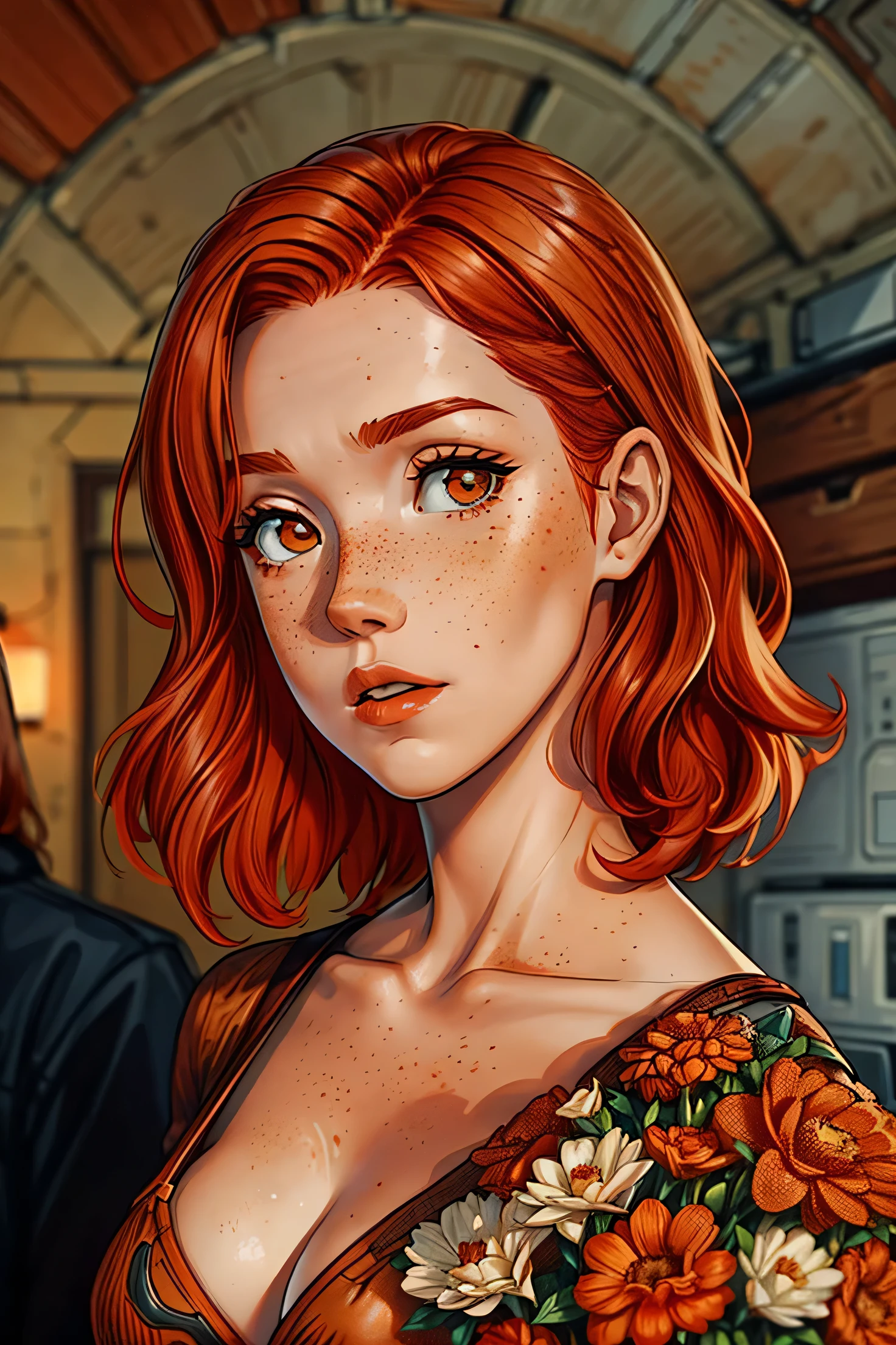 a close up of a woman with red hair and a floral dress, copper hair, short copper hair, copper short hair, red hair and attractive features, short redhead, ginger hair with freckles, orange hair, short red hair, flowing ginger hair, red hair and freckles, bright orange hair, orange glowing hair, curly copper colored hair, ginger hair, ginger wavy hair