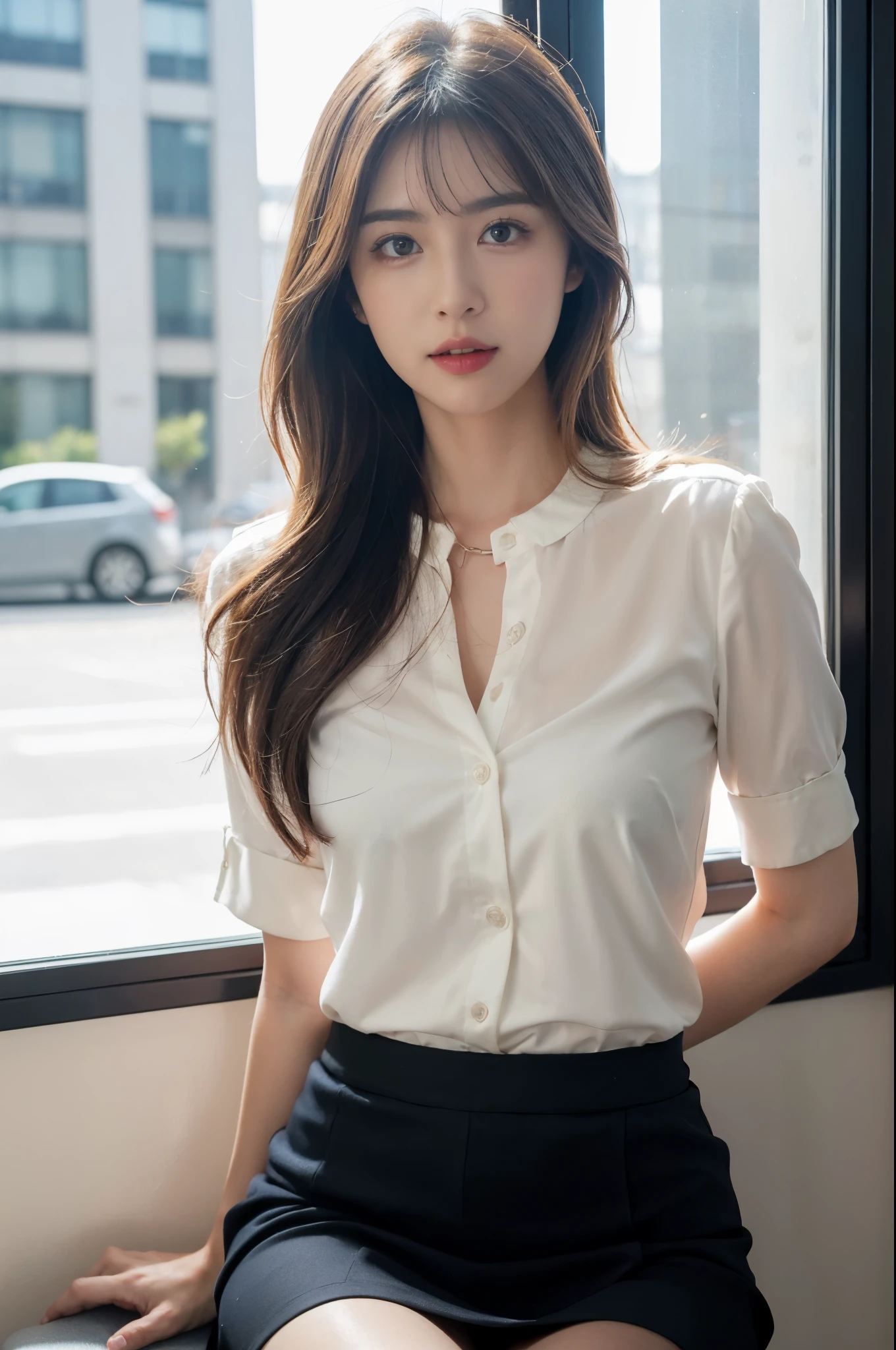 ulzzang-6500-v1.1, (RAW photo:1.2), (Photoreal), (See-through:1.3), (muste piece), (genuine:1.4), 1with a girl、26 years old、game_ticker, オーシャンブルーのeye(eye), smile of shame、blonde semi-long hair、curly hair、european girl、(Elegant silk blouse:1.3), (super realistic pantyhose:1.2), (flare skirt:1.2), sitting in the office and working at the desk、realistic skin texture、shiny skin、exposed thighs!!! , Makeup、