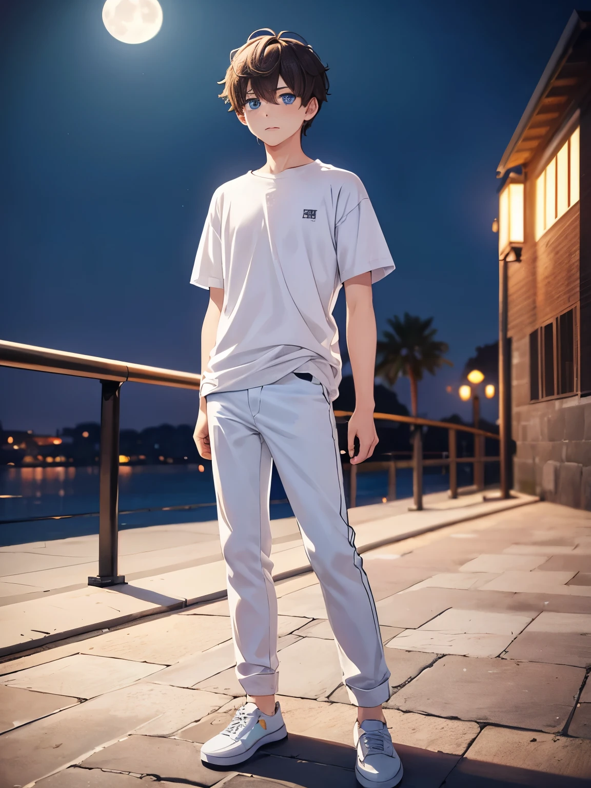 1boy,guy,Standing,Very angry expression,blue eyes,full body photo,white shoes,18 years old,Curly hair,medium hair,undercut hairstyle,light brown hair,Plain t-shirt, white t-shirt,white trousers,at Night, beautiful moon,ultra detail,masterpiece