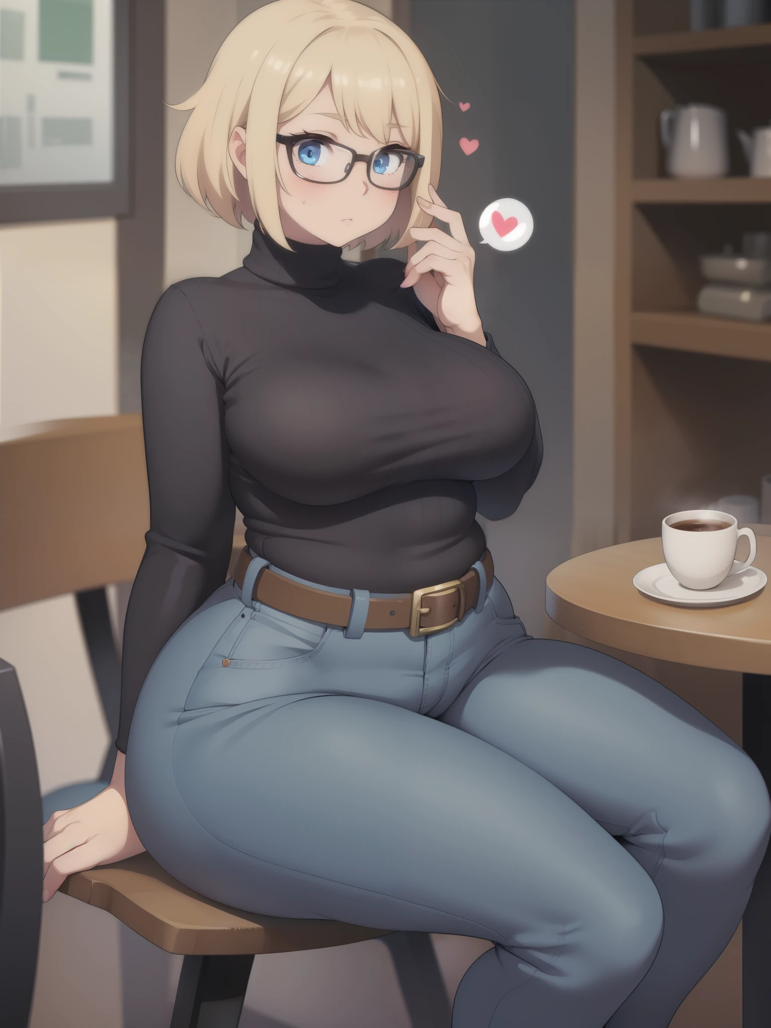 ((Masterpiece)), perfect anatomy, perfect shading, field of depth, (best quality), extremely delicate and beautiful, perfect lighting, detailed face, ultra cute face, cute, (cowboy shot 1.2), full body, (((1girl))), ((solo)), looking at viewer,

short hair, fluffy hair, blonde hair, blue eyes, Glasses, ((blush)), shy, nervous, embarrassed, (black turtleneck sweater 1.5), (jeans 1.2), belt, extremely tight clothes, medium breasts, ((wide hips)), ((thick thighs)), ((chubby)), 

coffee shop, intricate background, detailed background, sitting on a chair mug on table, (spoken heart),