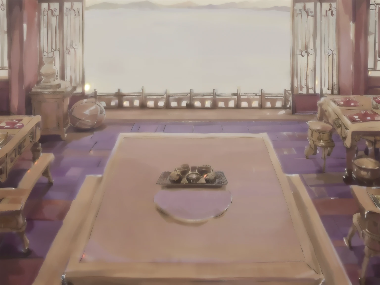 Antique interior,gorgeous,hotpot restaurant,There is a room with a table, Chair, and a table, palace background, ballroom background, ballroom background, Depicting the background of the temple, temple background, zen temple background, Random background scene, Stadium Background, background art, mobile game background, interior background art, Volleyball court background, Detailed Landscape—Width 672