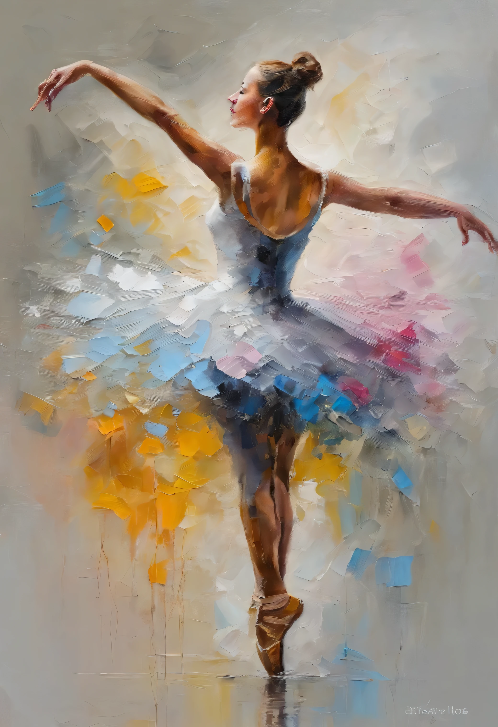 Artwork of a ballet dancer doing a pirouette, perfect body shape, sketch, drawing, or watercolor artwork impasto style. Perfect reflections. Abstract impasto background, light grey and yellow and pink and blue and beige colors only