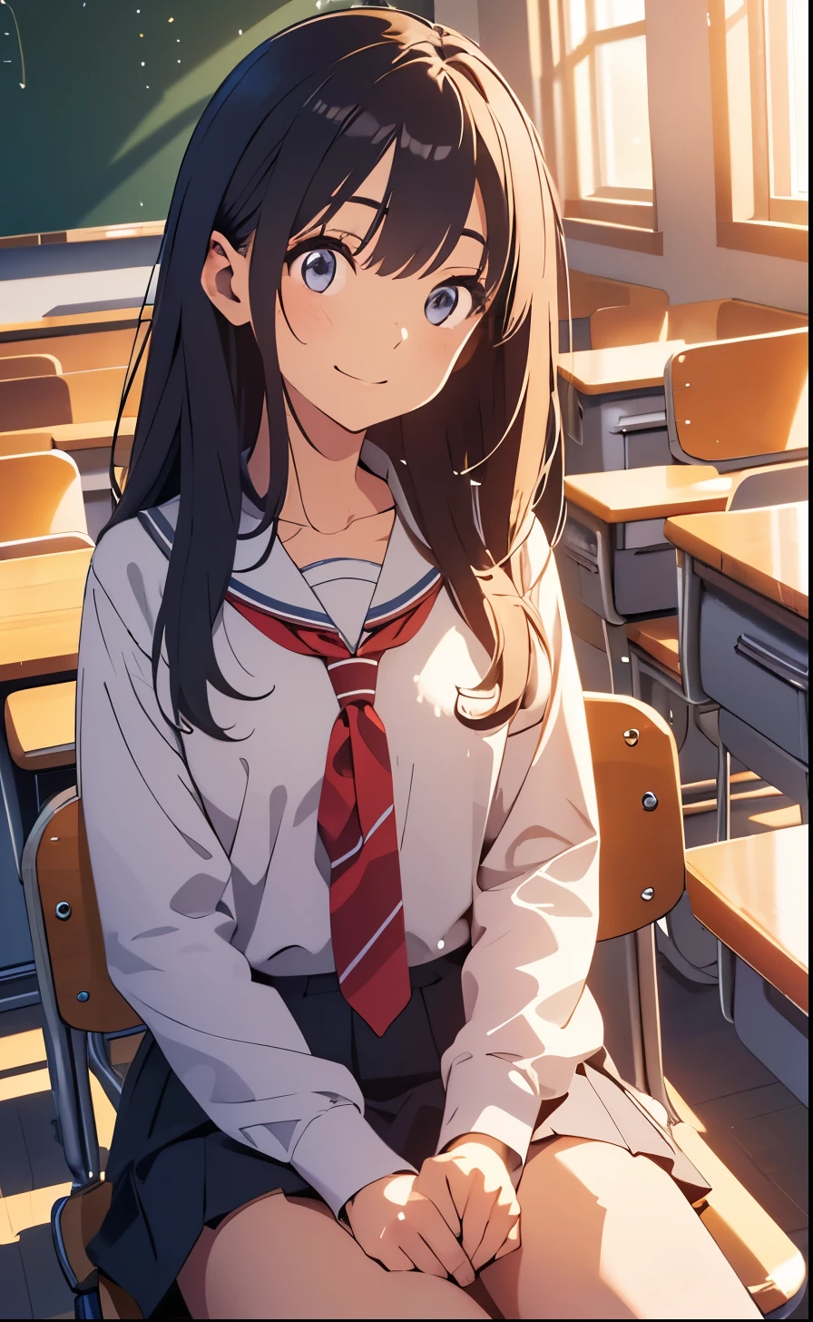 { masterpiece : best quality : high resolution : unity 8k wallpaper : illustration : extremely detailed face : perfect lighting : extremely detailed CG : perfect hands : perfect anatomy } { background = bright background} { character  = Saki Yoshida : long hair : smile : sitting in class : cute}