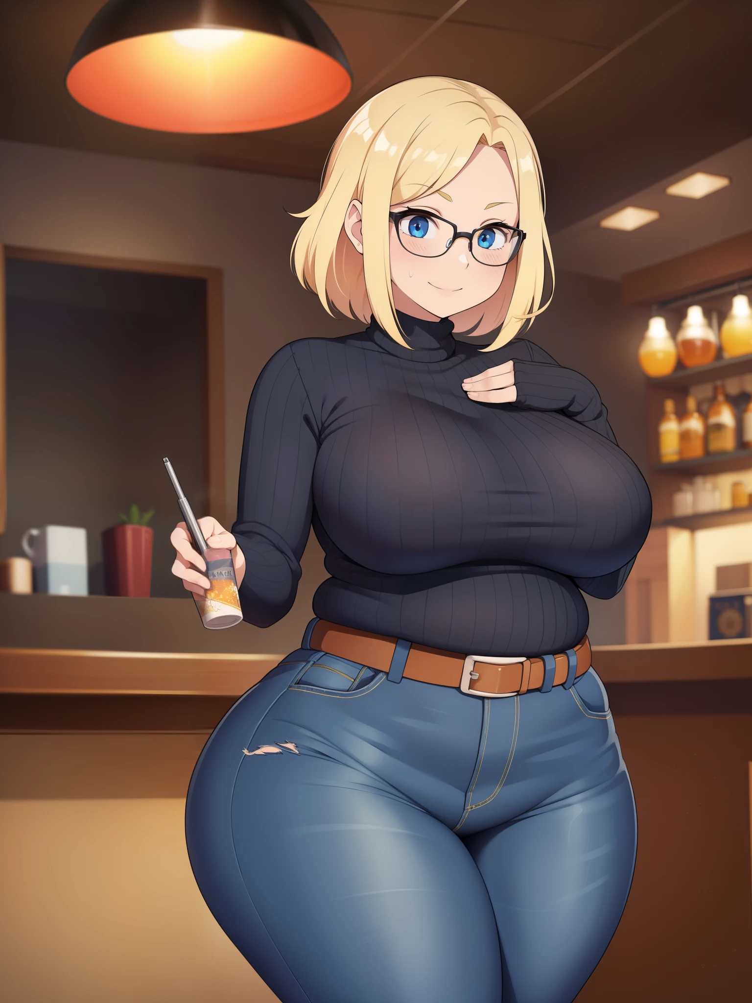 ((Masterpiece)), perfect anatomy, perfect shading, field of depth, (best quality), extremely delicate and beautiful, perfect lighting, detailed face, ultra cute face, cute, (cowboy shot 1.2), full body, (((1girl))), ((solo)), looking at viewer,
short hair, fluffy hair, blonde hair, blue eyes, Glasses, ((blush)), shy, affectionate smile, (black turtleneck sweater 1.5), (jeans 1.2), belt, extremely tight clothes, medium breasts, ((wide hips)), ((thick thighs)), (((chubby))), belly bulge,
coffee shop, intricate background, detailed background, hand on hip,